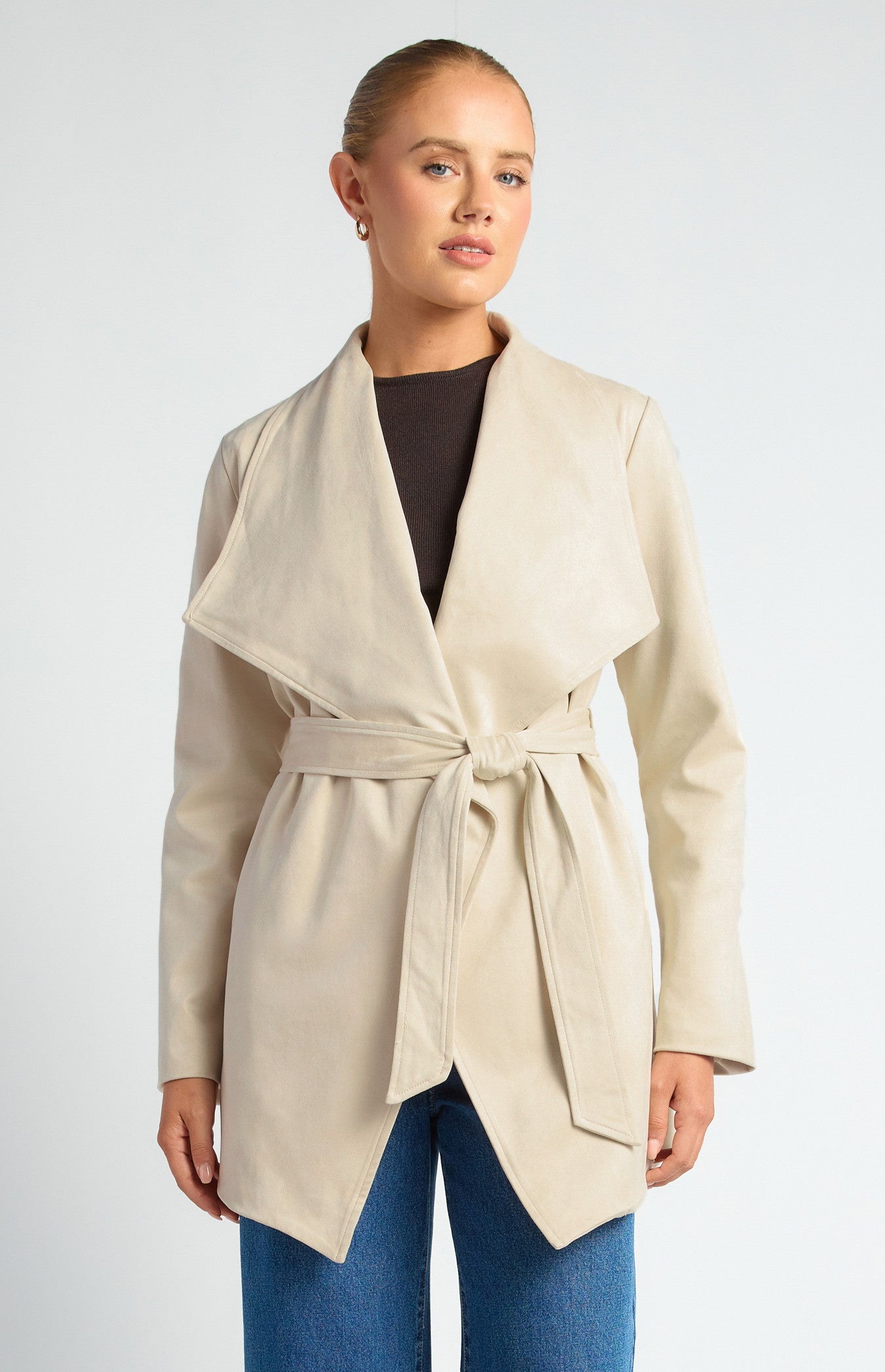 Faux Suede Waterfall Jacket with Waist Tie and Pockets