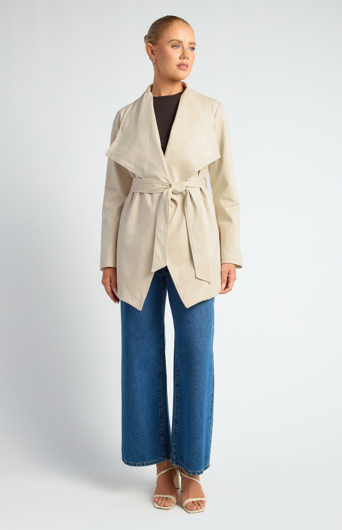 Faux Suede Waterfall Jacket with Waist Tie and Pockets