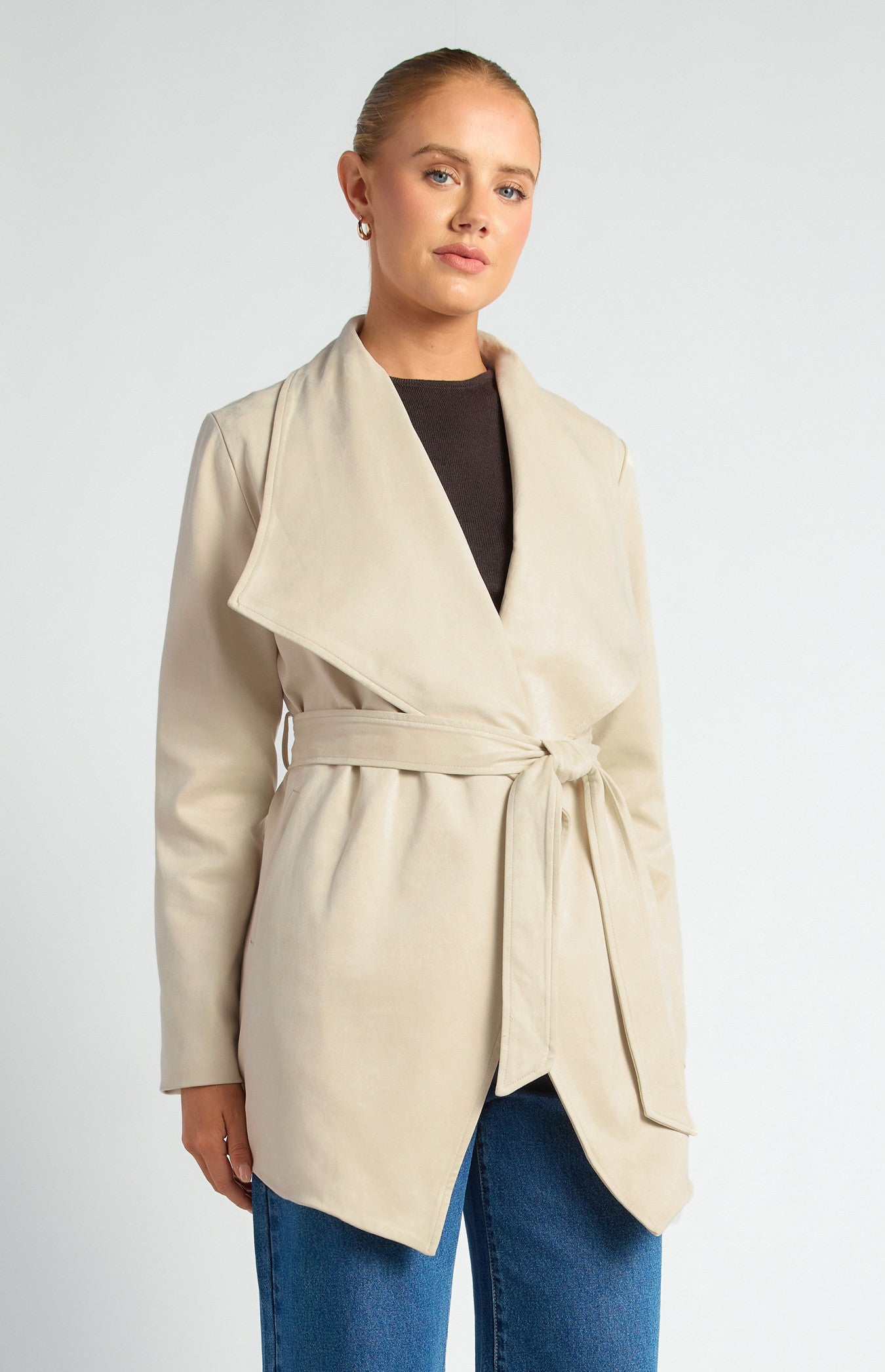 Faux Suede Waterfall Jacket with Waist Tie and Pockets