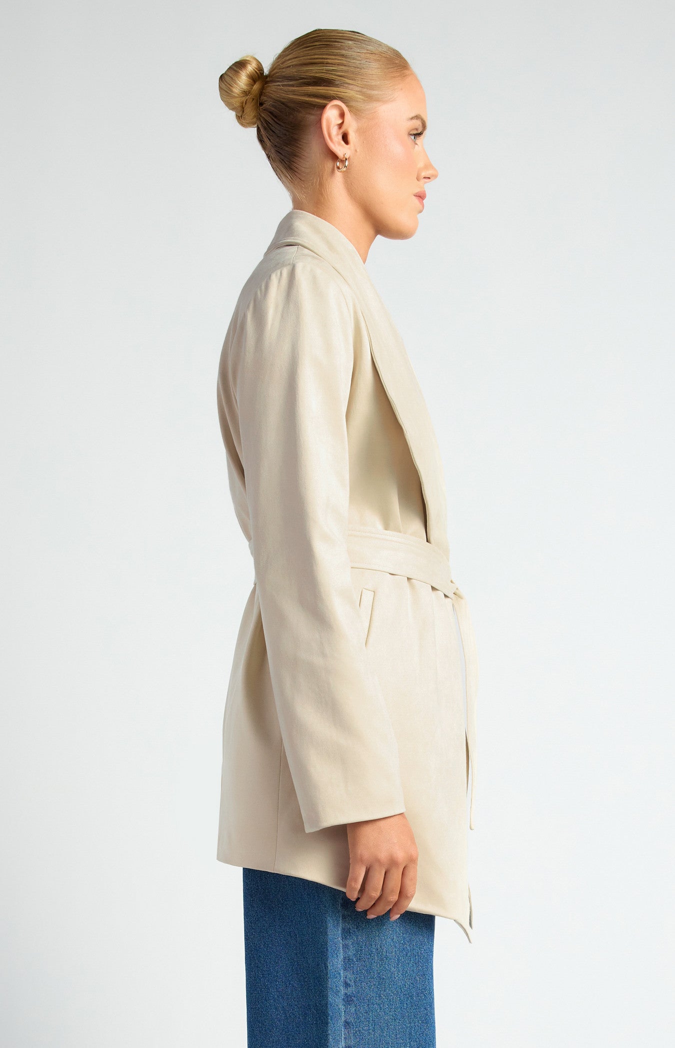Faux Suede Waterfall Jacket with Waist Tie and Pockets