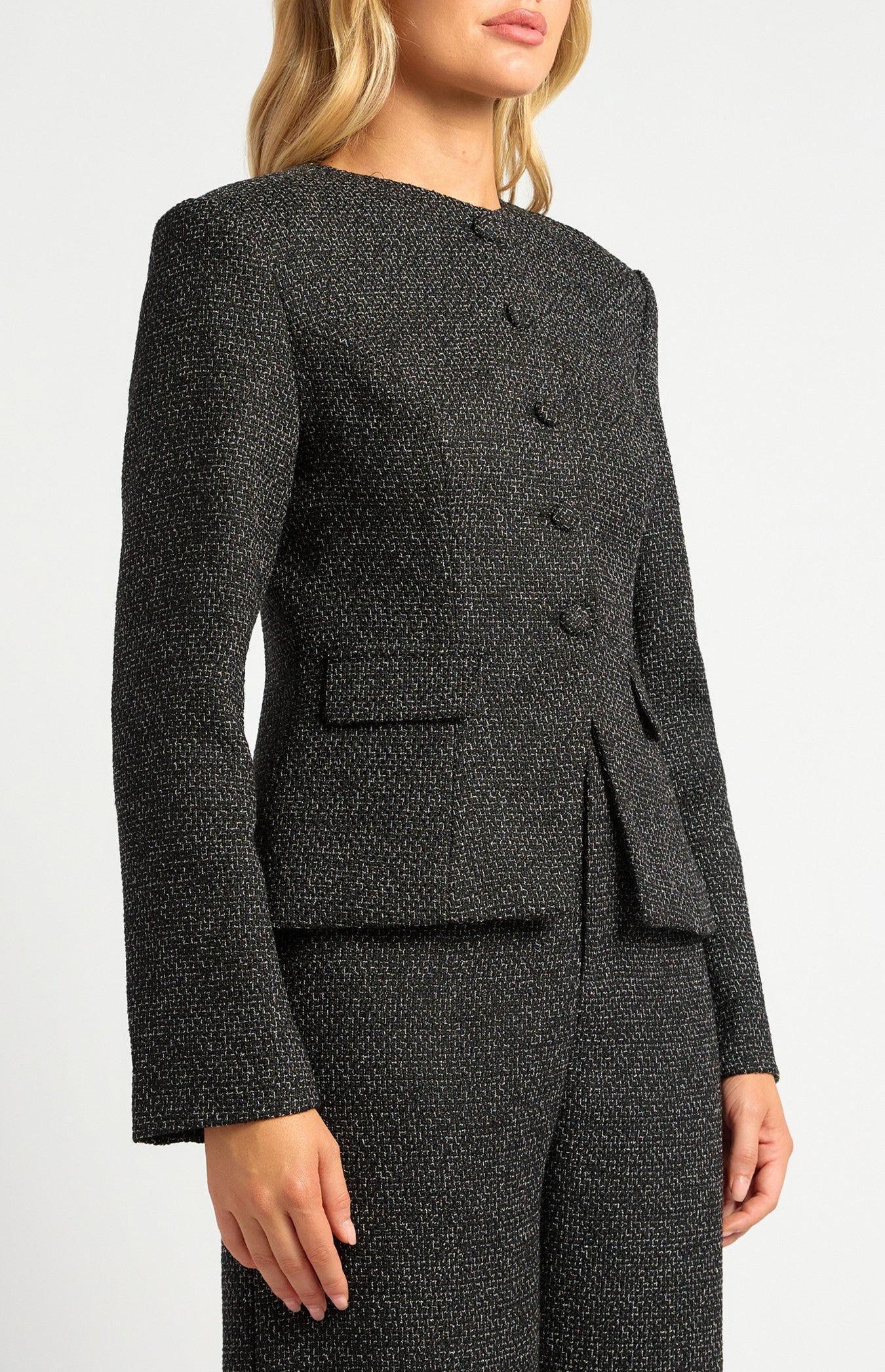 Gold Button Detail Tweed Blazer with Shoulder Pad Insert