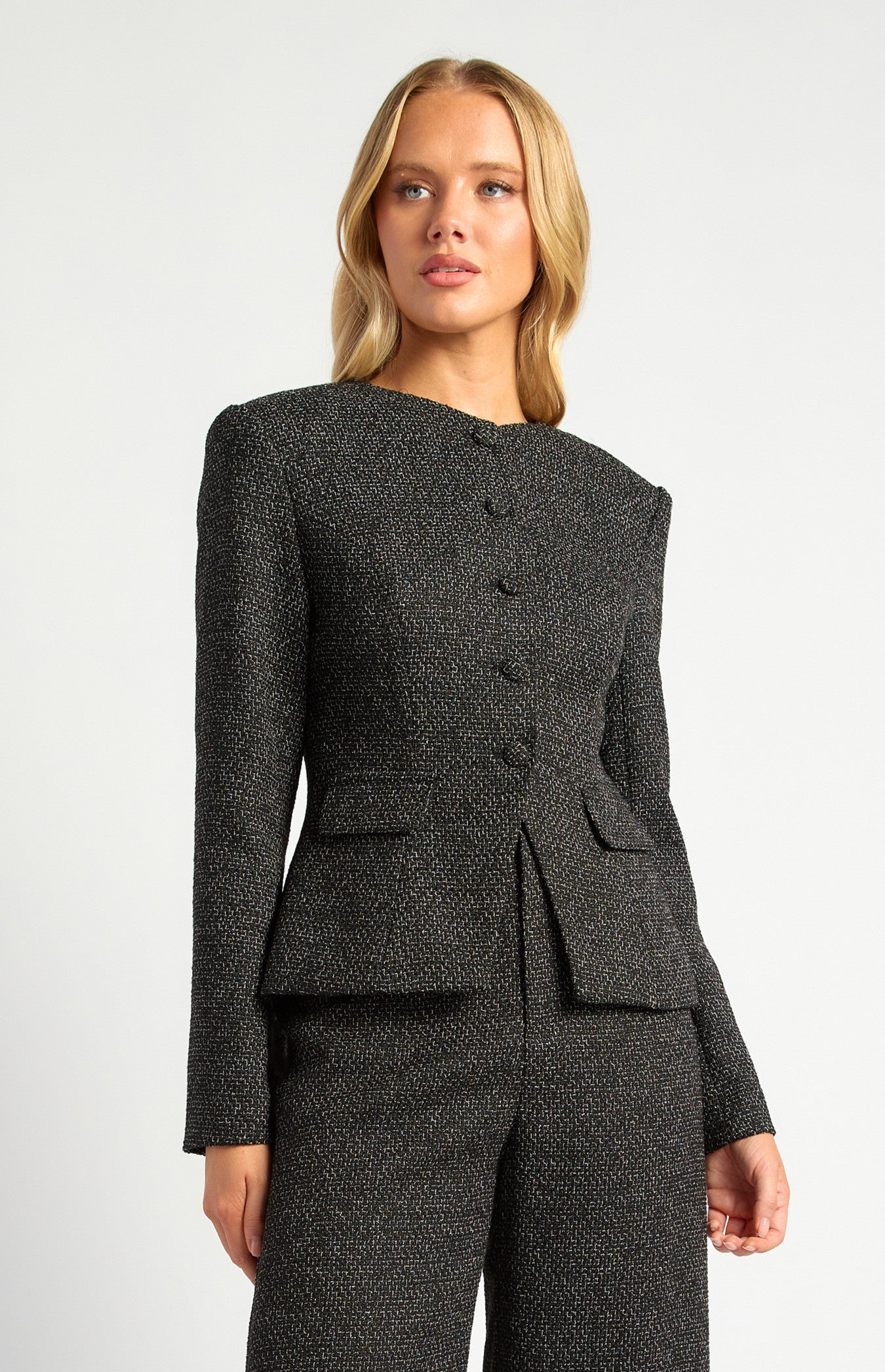 Gold Button Detail Tweed Blazer with Shoulder Pad Insert