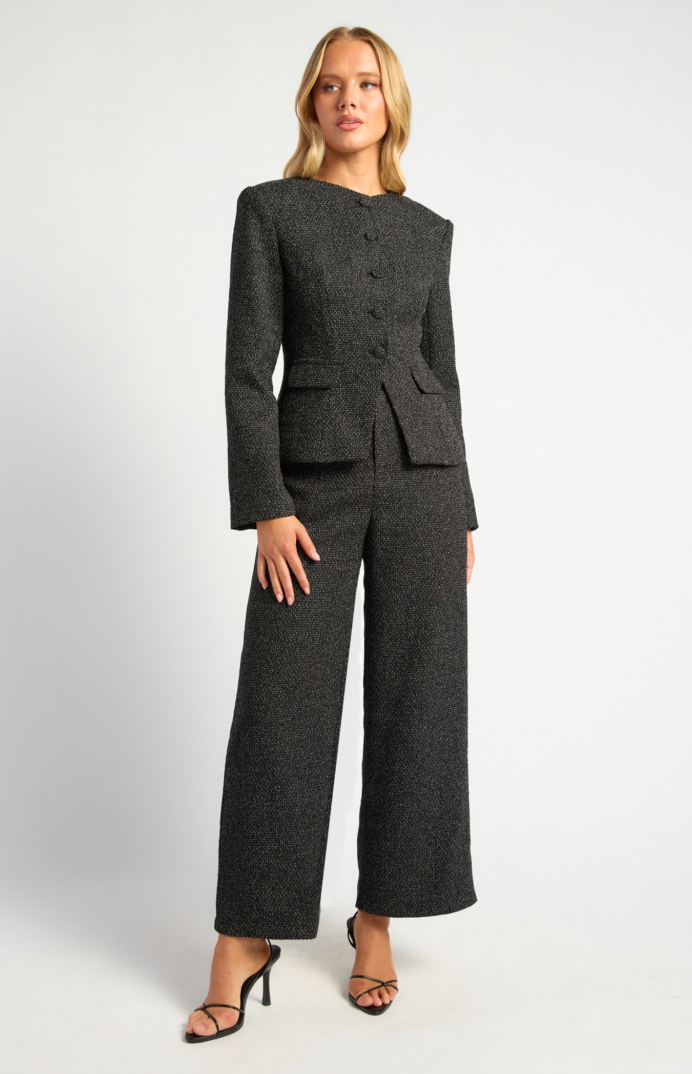 Gold Button Detail Tweed Blazer with Shoulder Pad Insert