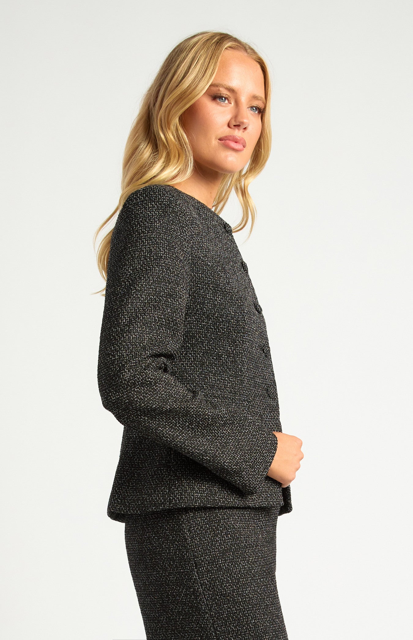 Gold Button Detail Tweed Blazer with Shoulder Pad Insert