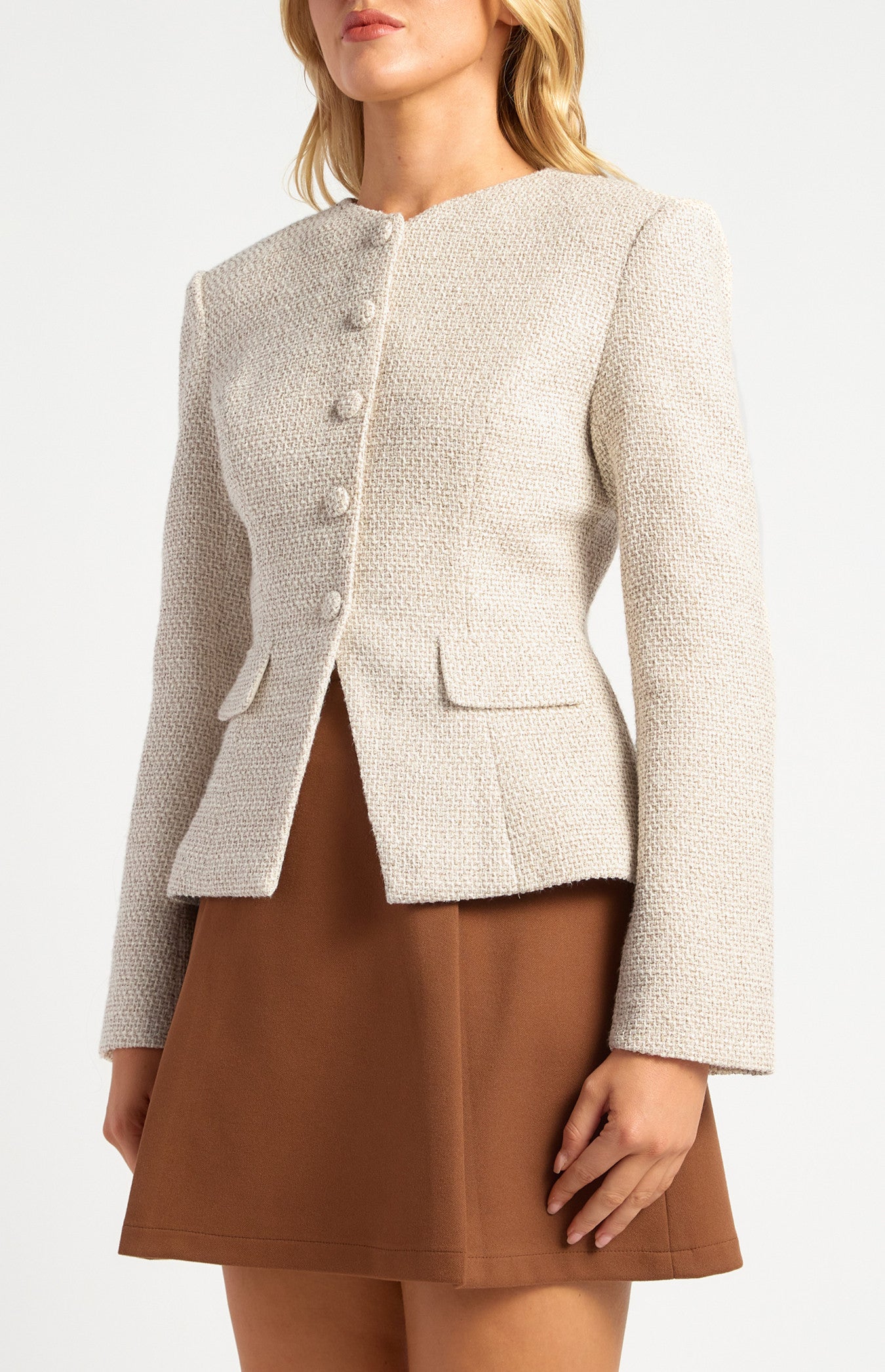 Gold Button Detail Tweed Blazer with Shoulder Pad Insert