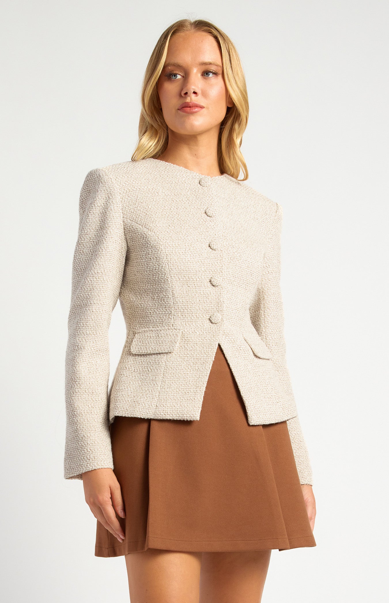 Gold Button Detail Tweed Blazer with Shoulder Pad Insert