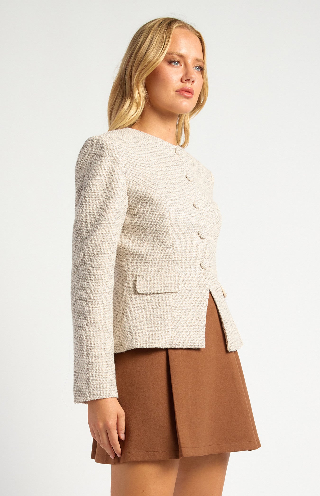 Gold Button Detail Tweed Blazer with Shoulder Pad Insert