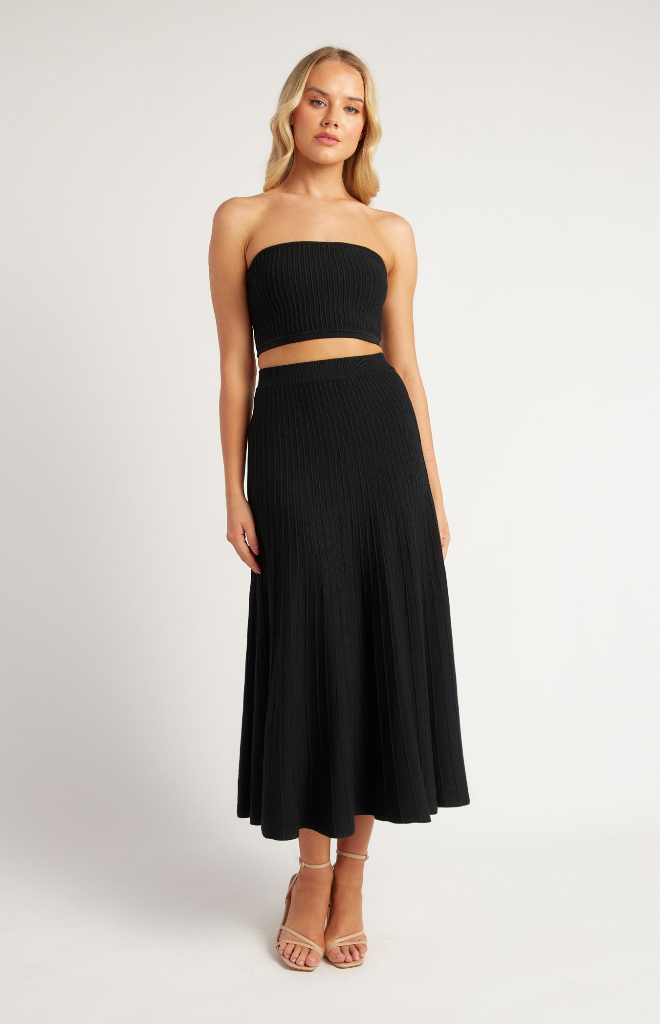Wide Rib Knit Set with Strapless Top and Skirt