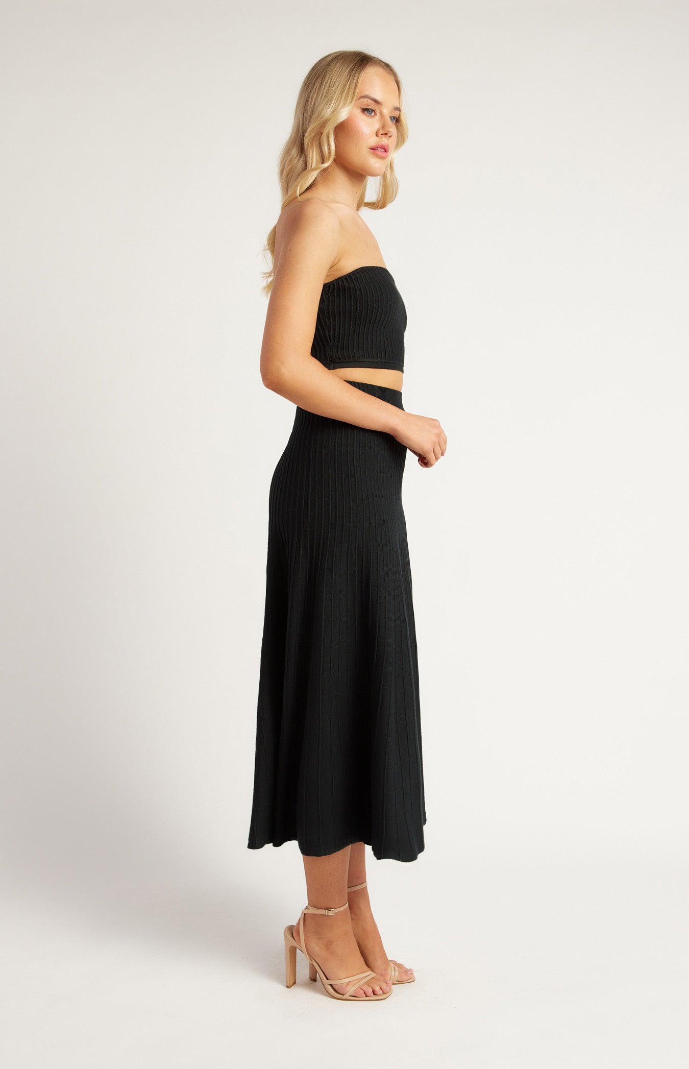 Wide Rib Knit Set with Strapless Top and Skirt