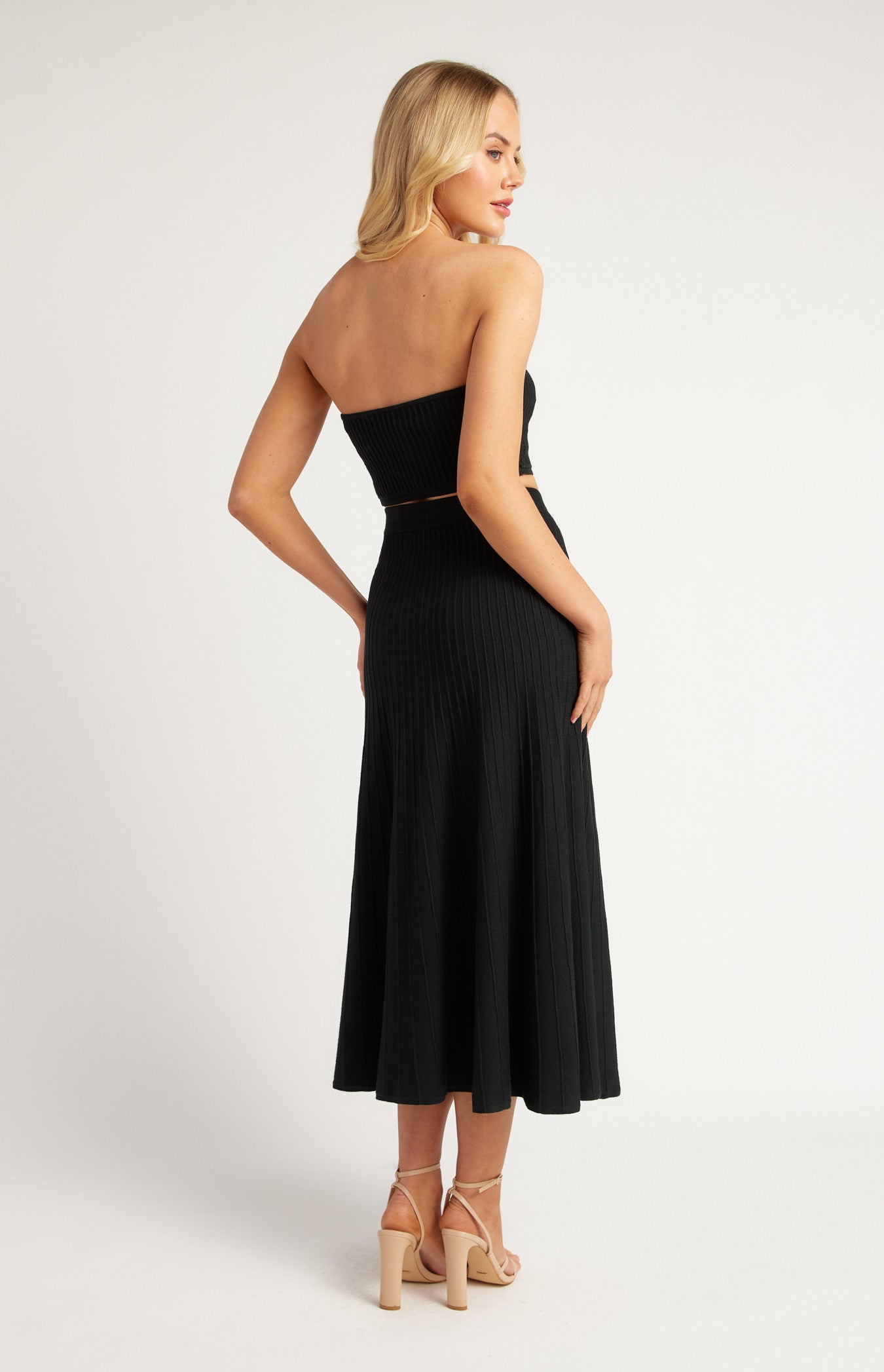 Wide Rib Knit Set with Strapless Top and Skirt