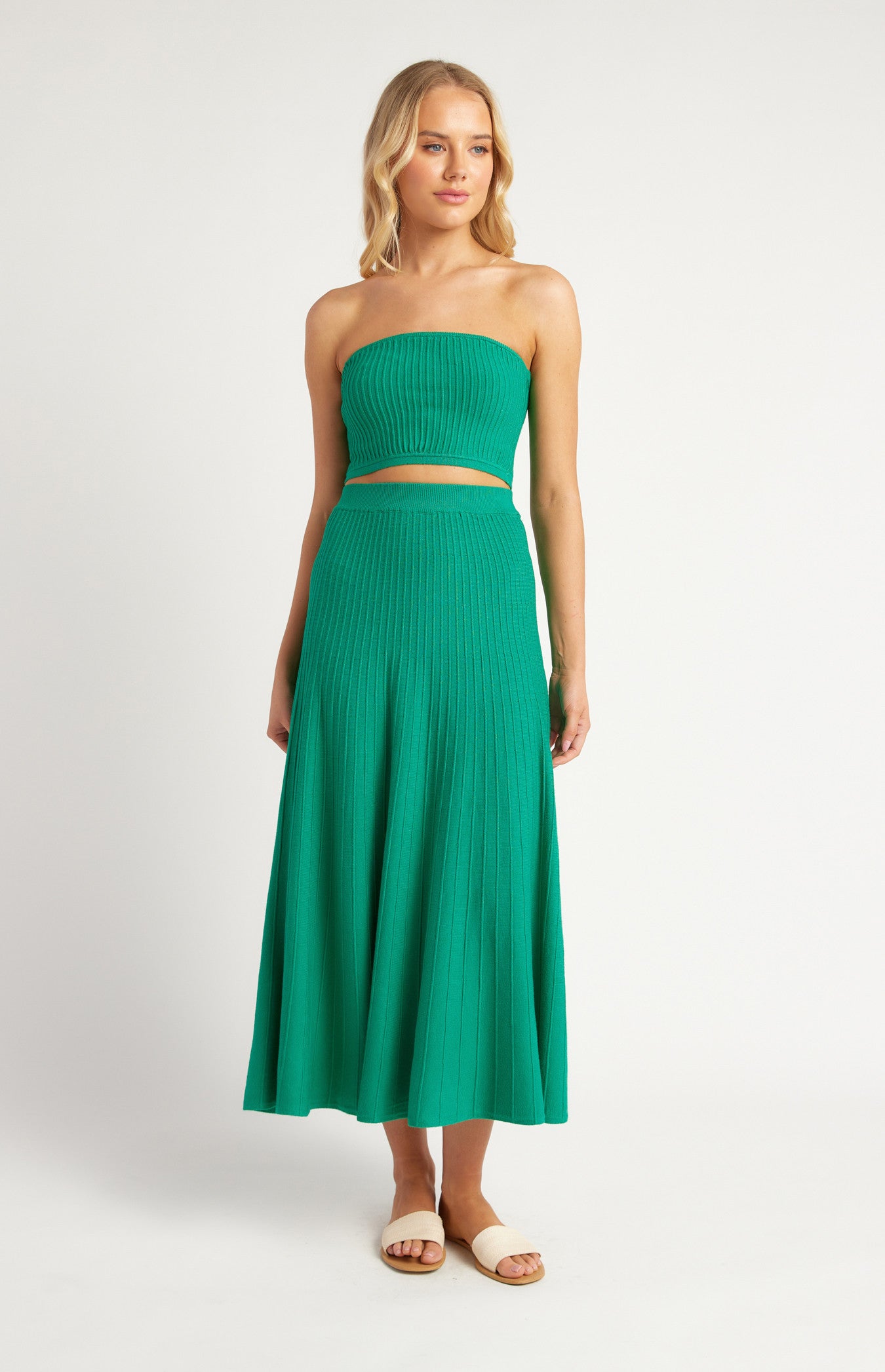 Wide Rib Knit Set with Strapless Top and Skirt