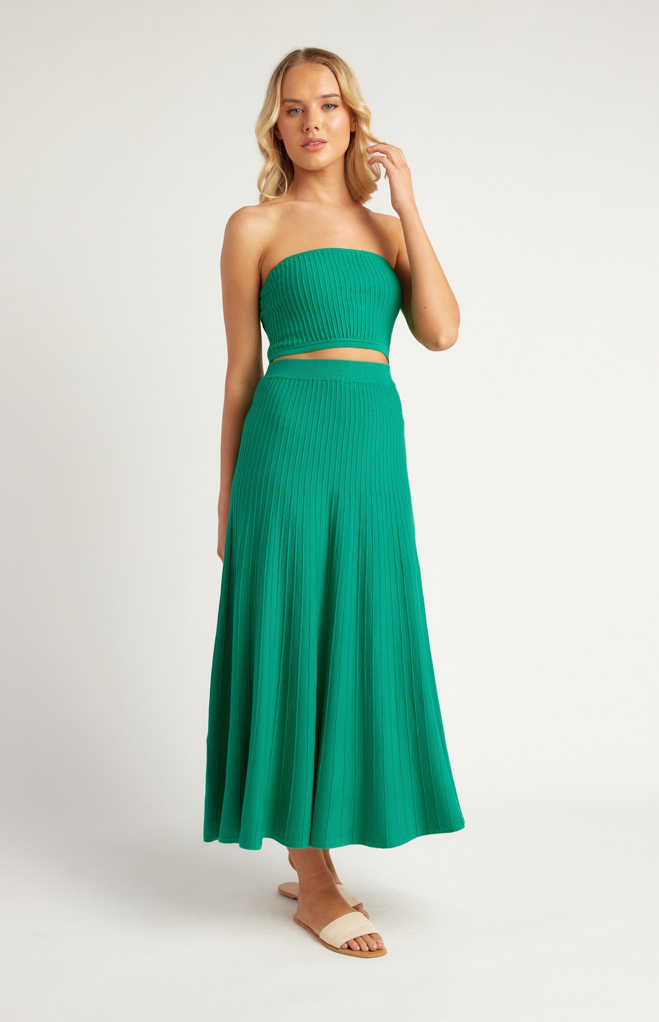 Wide Rib Knit Set with Strapless Top and Skirt