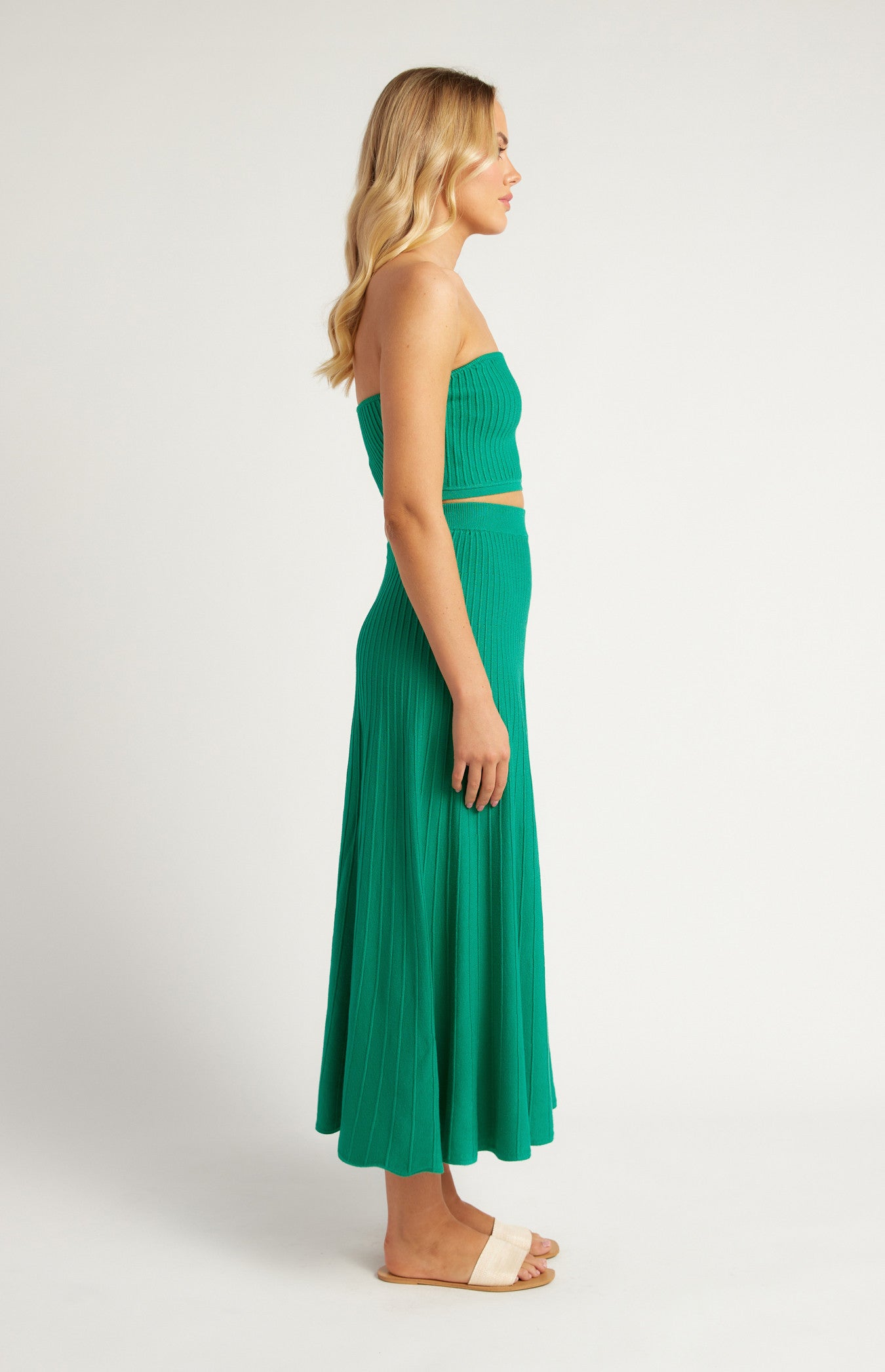 Wide Rib Knit Set with Strapless Top and Skirt