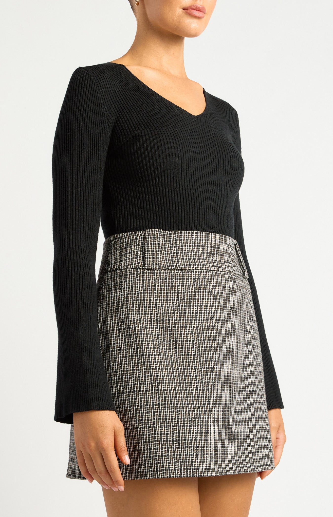 V Neckline Flare Sleeves Knit Top