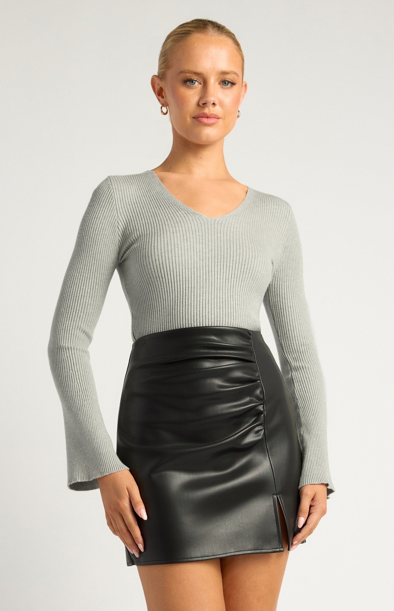 V Neckline Flare Sleeves Knit Top