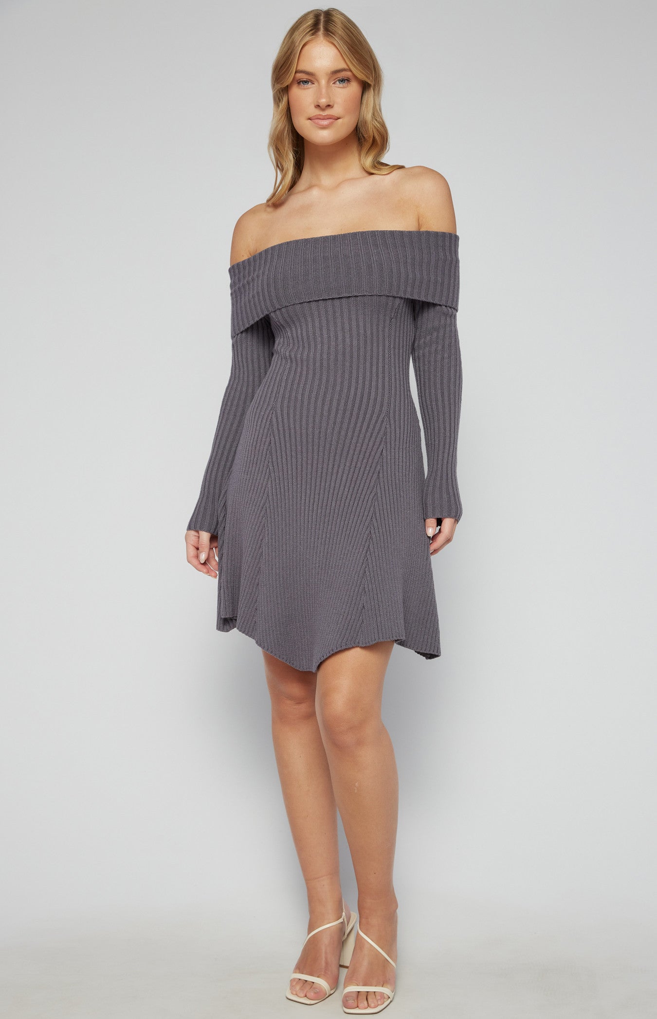 Off Shoulder A-Line Knit Dress with Panel