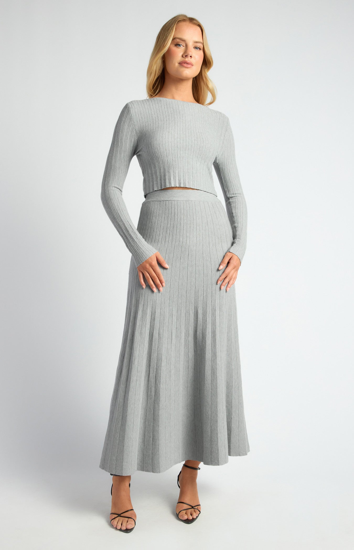 Boat Neckline Top & Pleated A-Line Maxi Skirt Knit Set