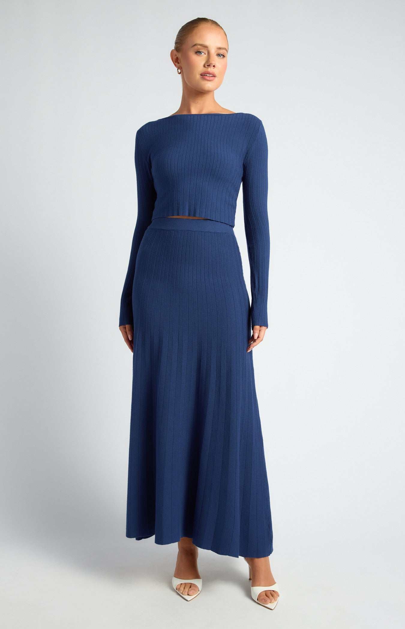 Boat Neckline Top & Pleated A-Line Maxi Skirt Knit Set