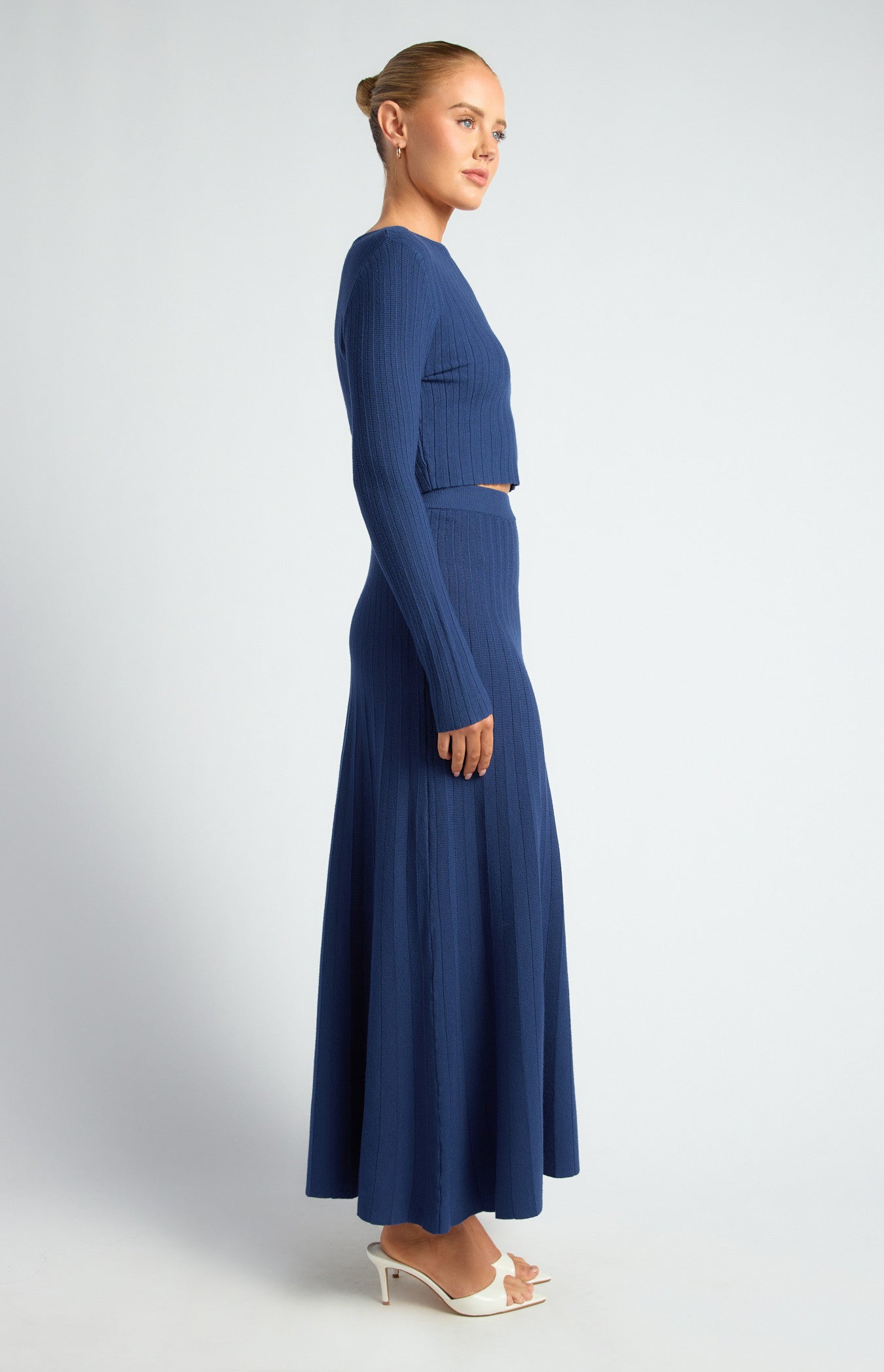 Boat Neckline Top & Pleated A-Line Maxi Skirt Knit Set