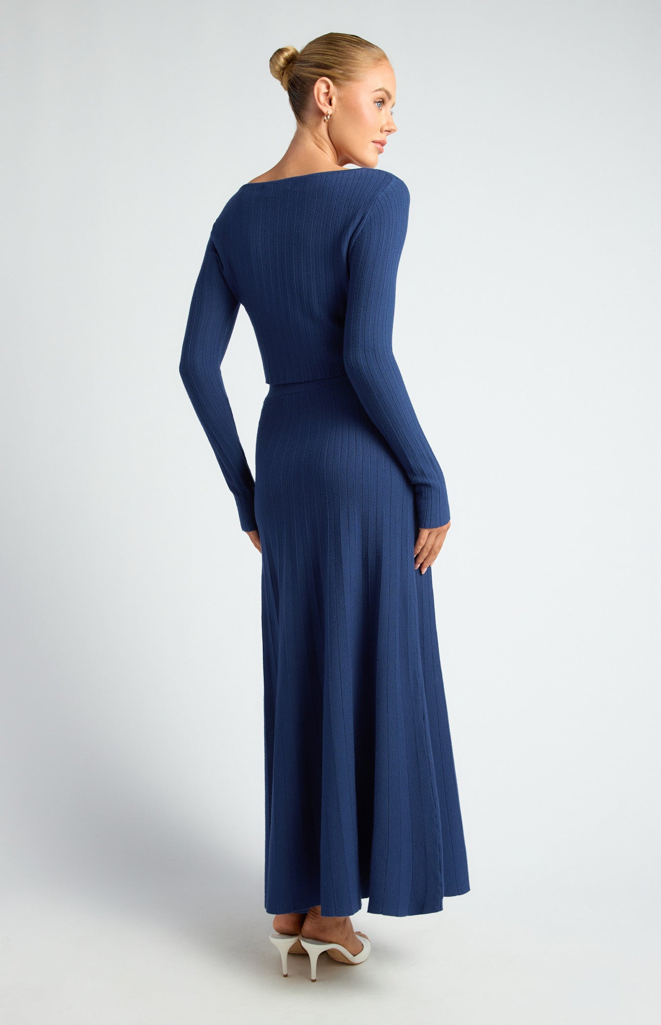 Boat Neckline Top & Pleated A-Line Maxi Skirt Knit Set