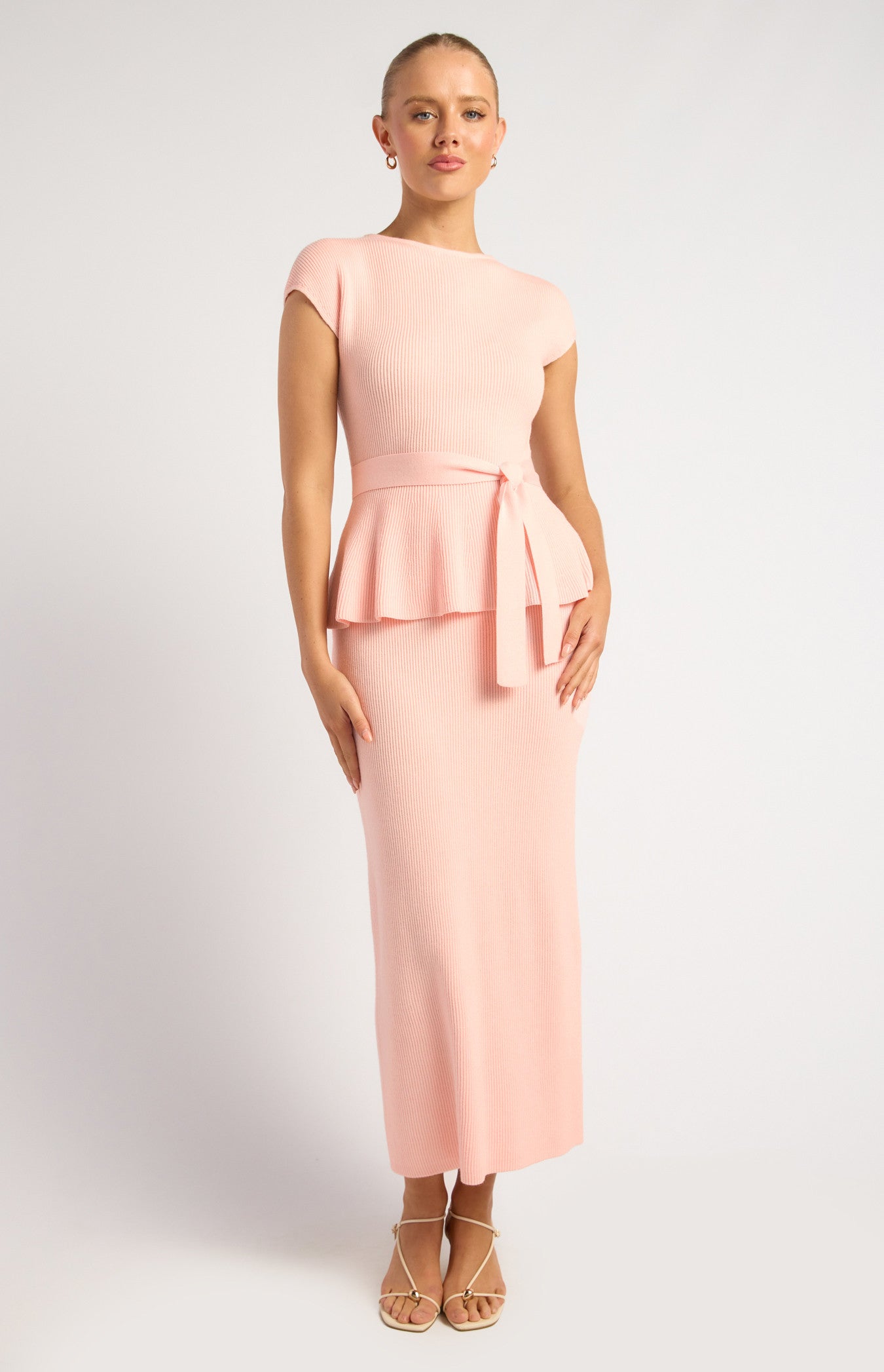 Cap Sleeve Knit Top and Midi Skirt Set with Waist Tie