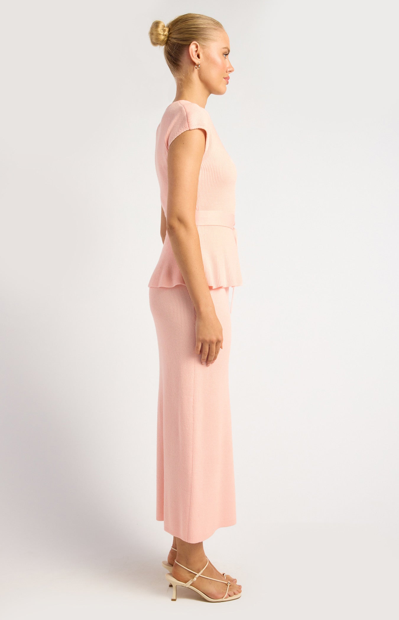 Cap Sleeve Knit Top and Midi Skirt Set with Waist Tie