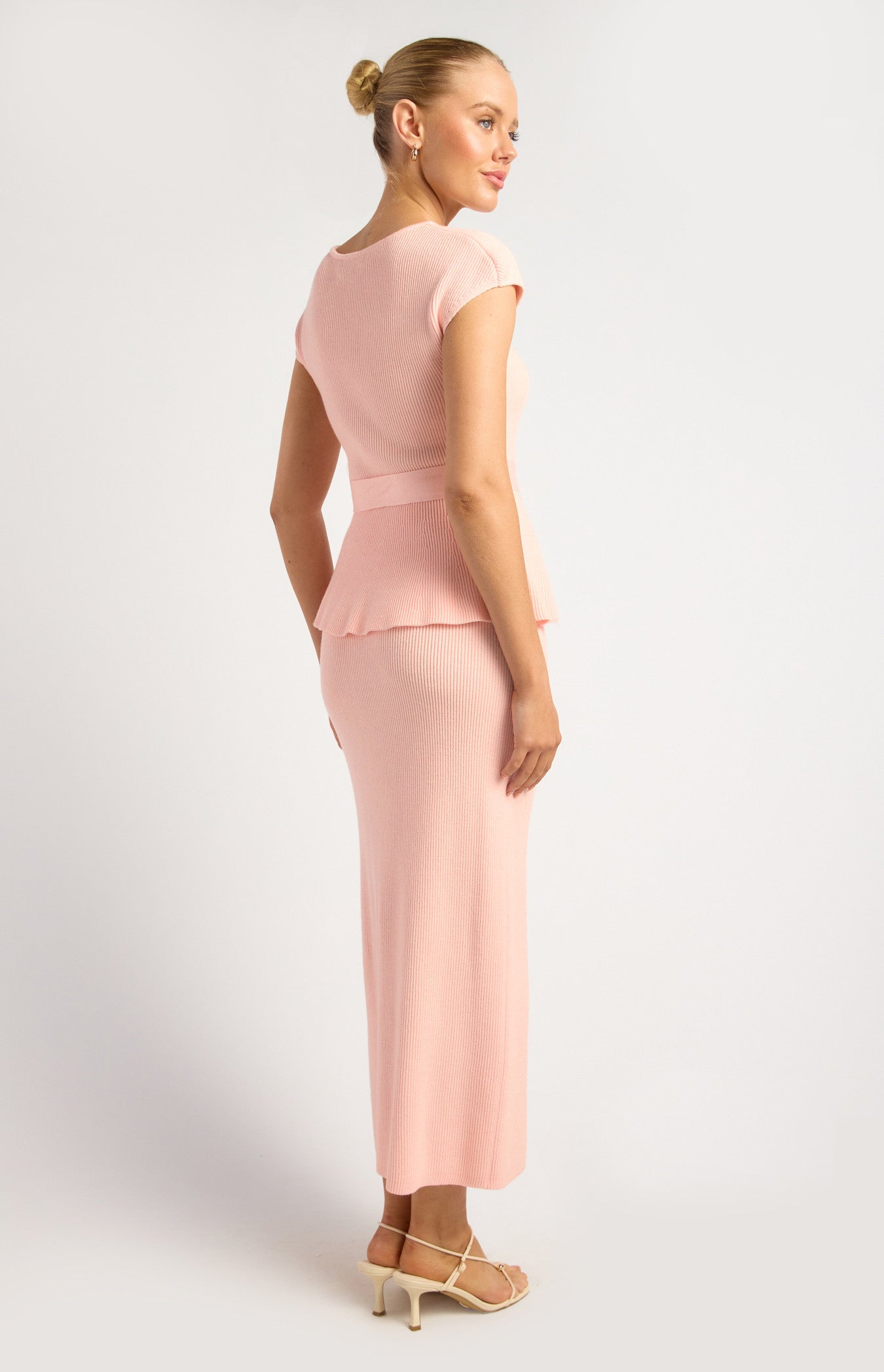 Cap Sleeve Knit Top and Midi Skirt Set with Waist Tie