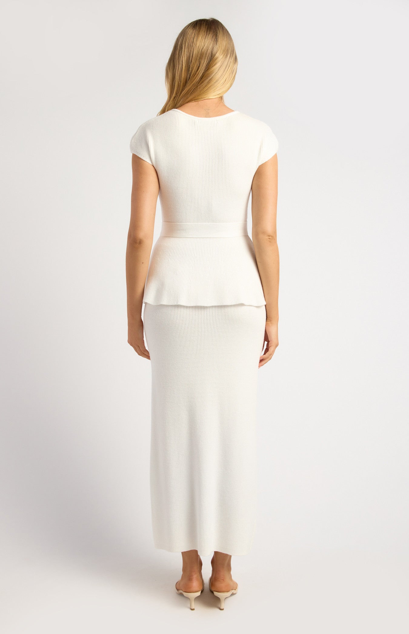 Cap Sleeve Knit Top and Midi Skirt Set with Waist Tie