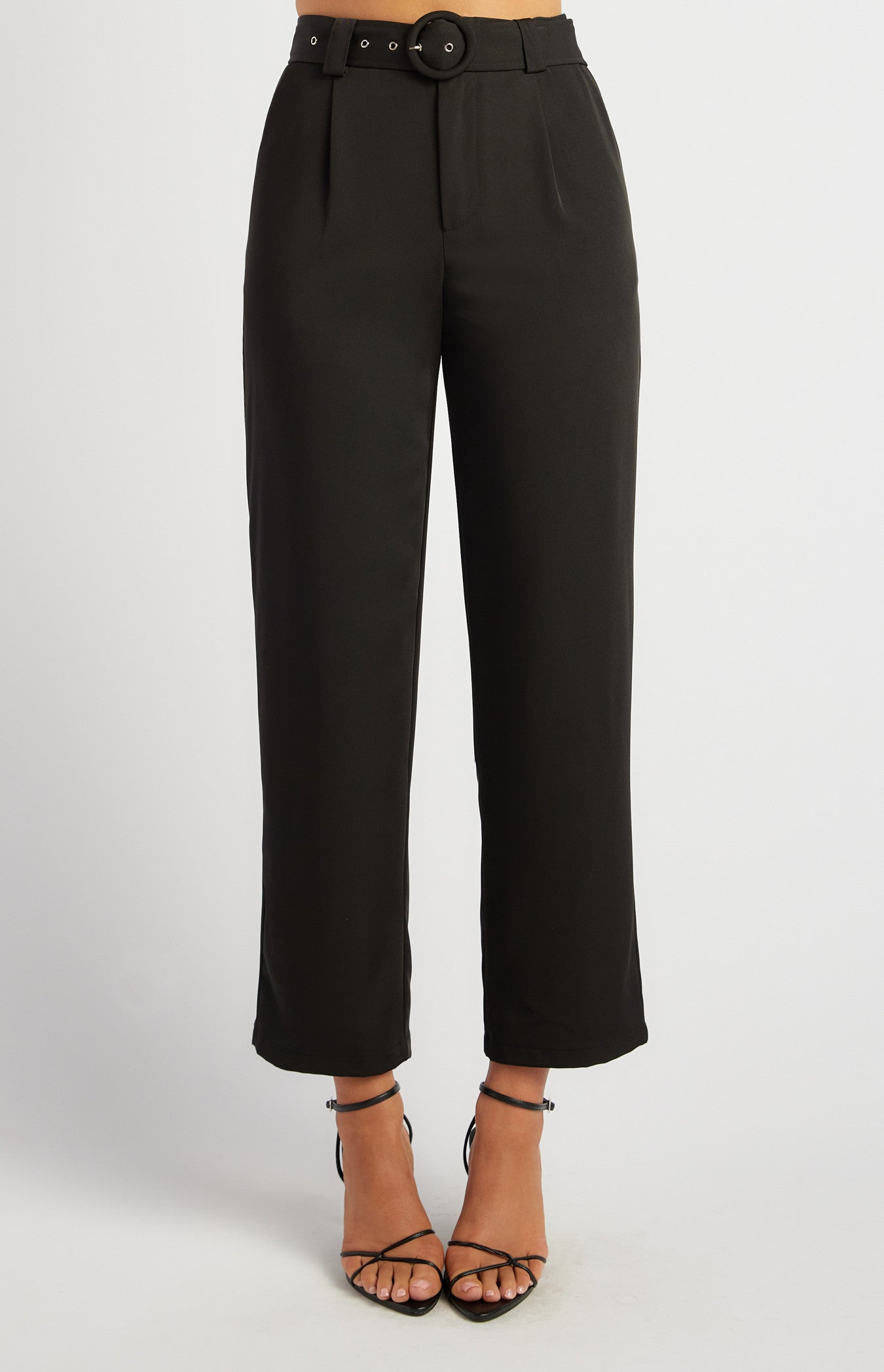 High-Waisted Tapered Pants with Round Self-Fabric Buckle