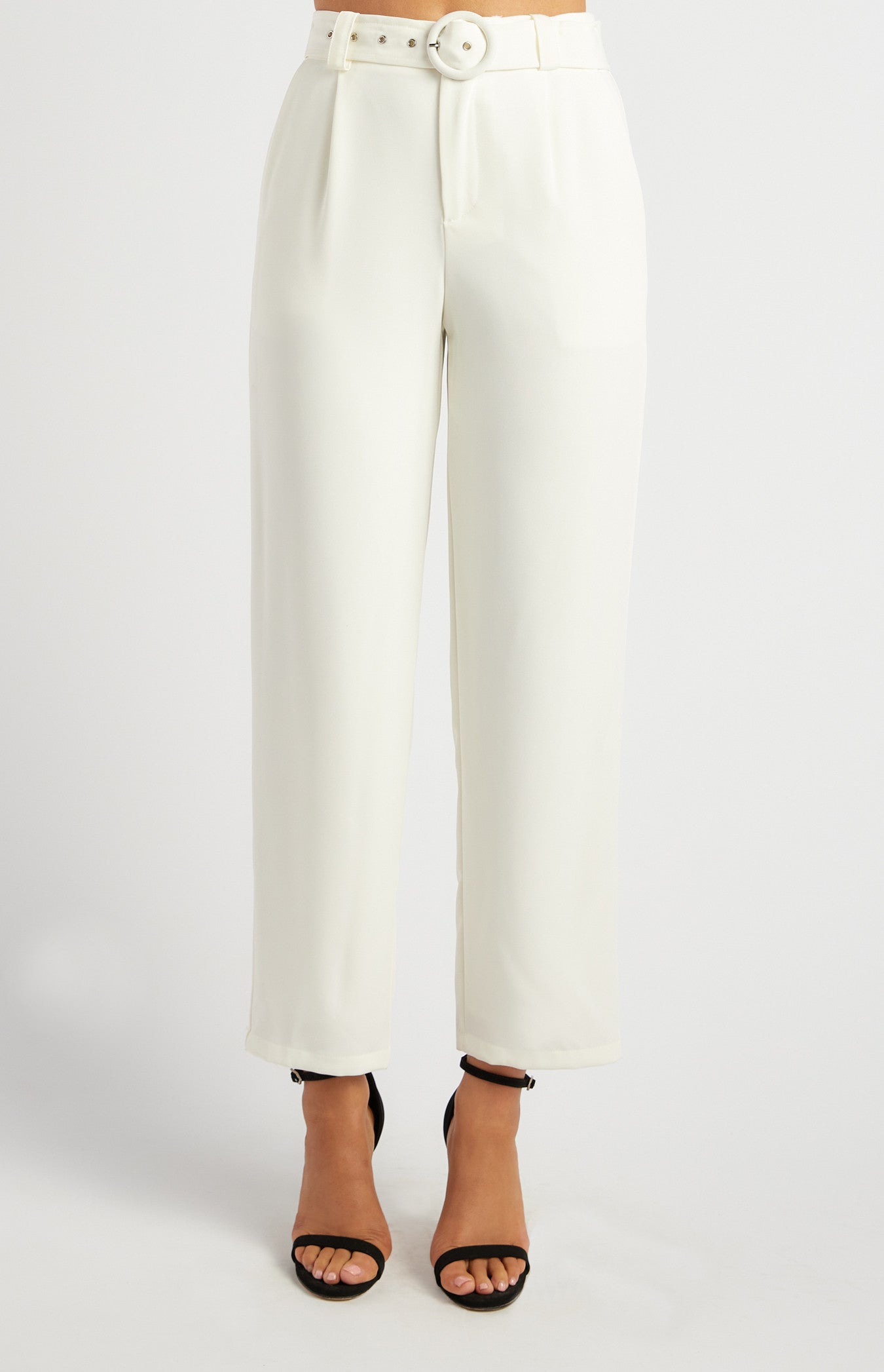 High-Waisted Tapered Pants with Round Self-Fabric Buckle