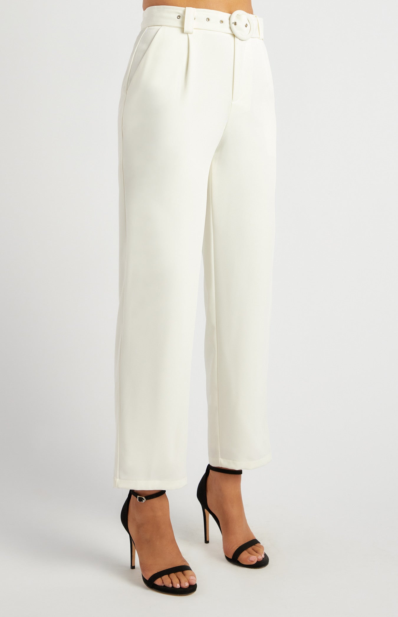 High-Waisted Tapered Pants with Round Self-Fabric Buckle