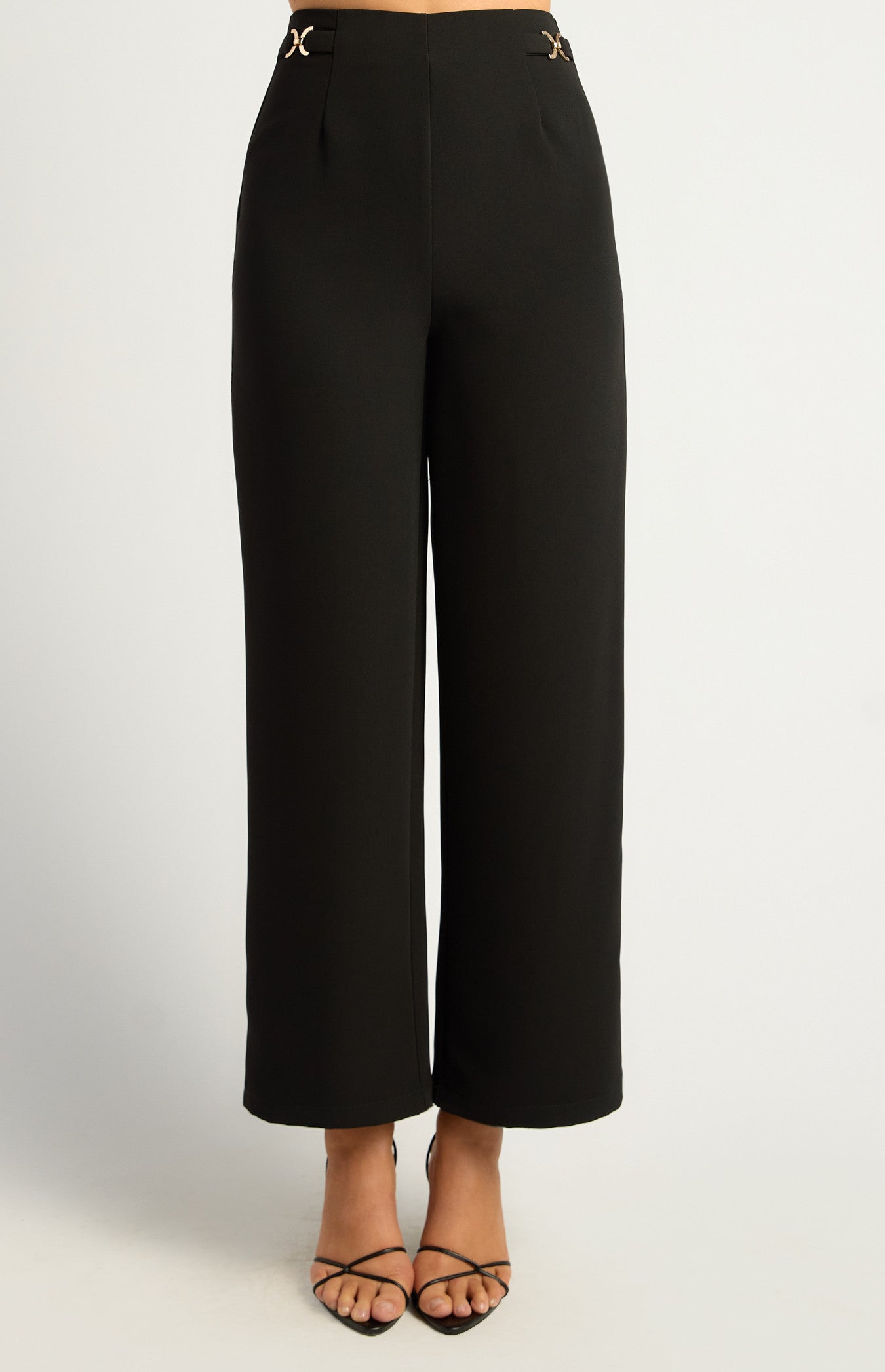 Double Gold Buckle Detail Straight Leg Pants