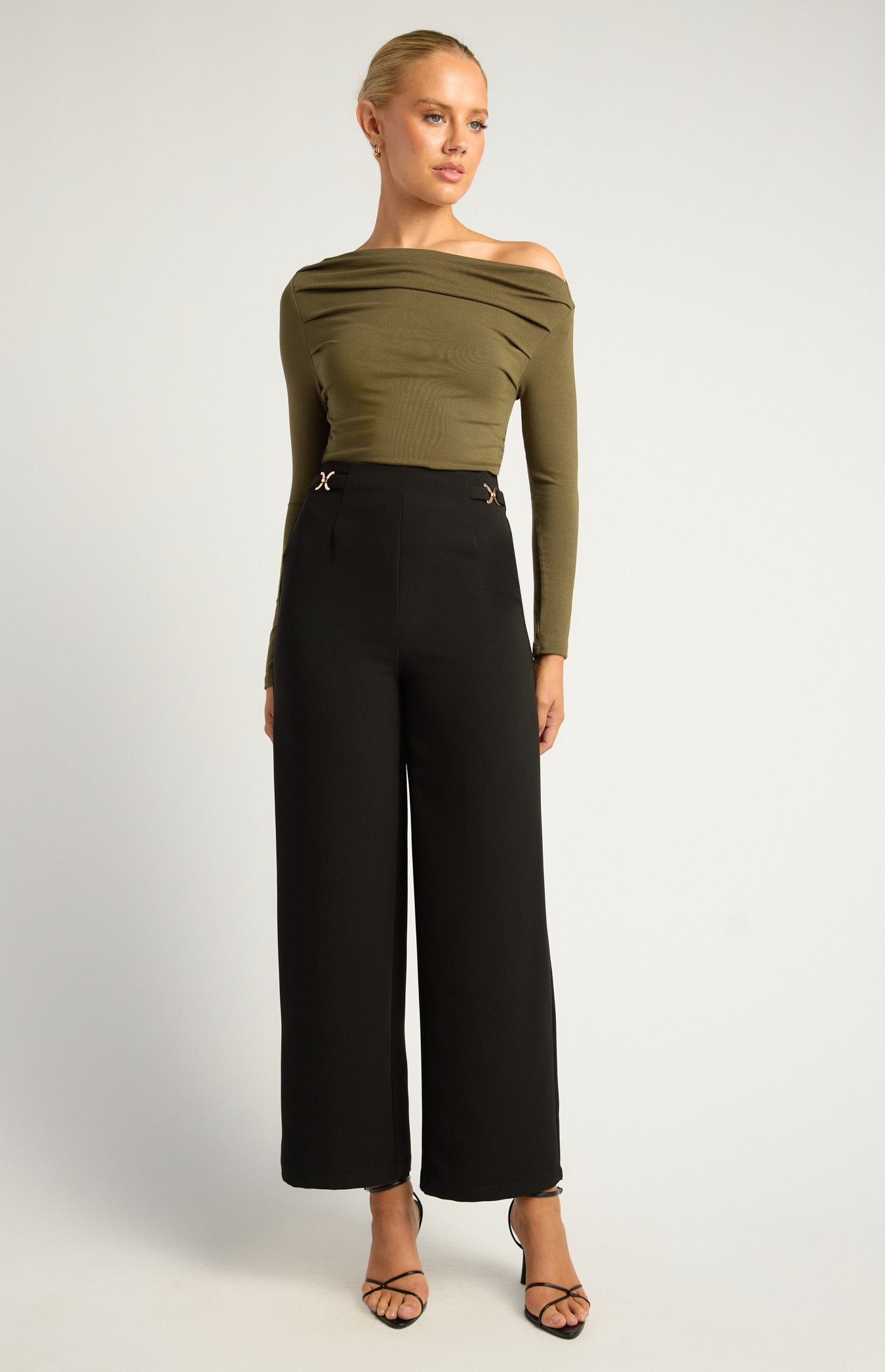Double Gold Buckle Detail Straight Leg Pants