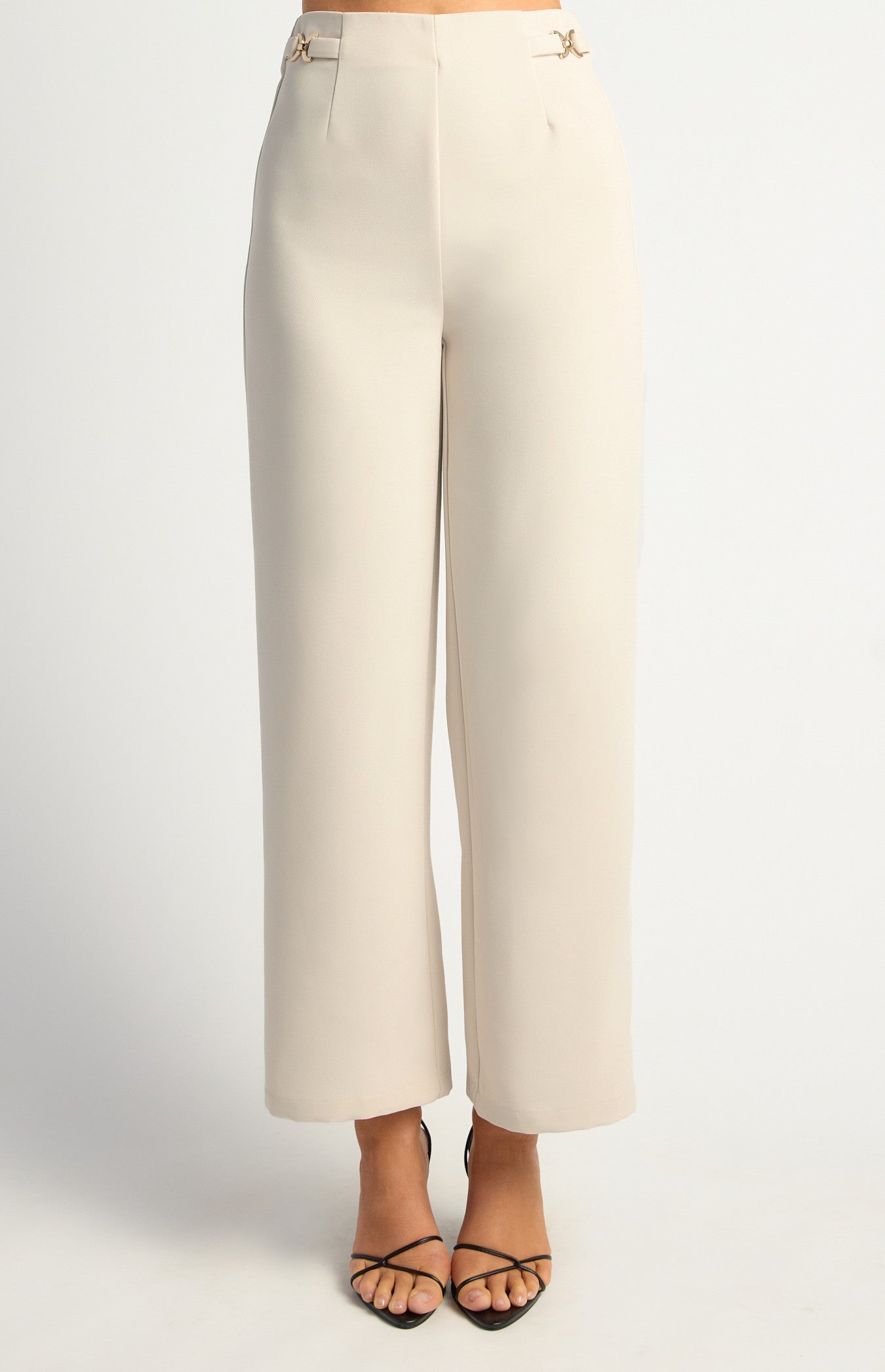 Double Gold Buckle Detail Straight Leg Pants