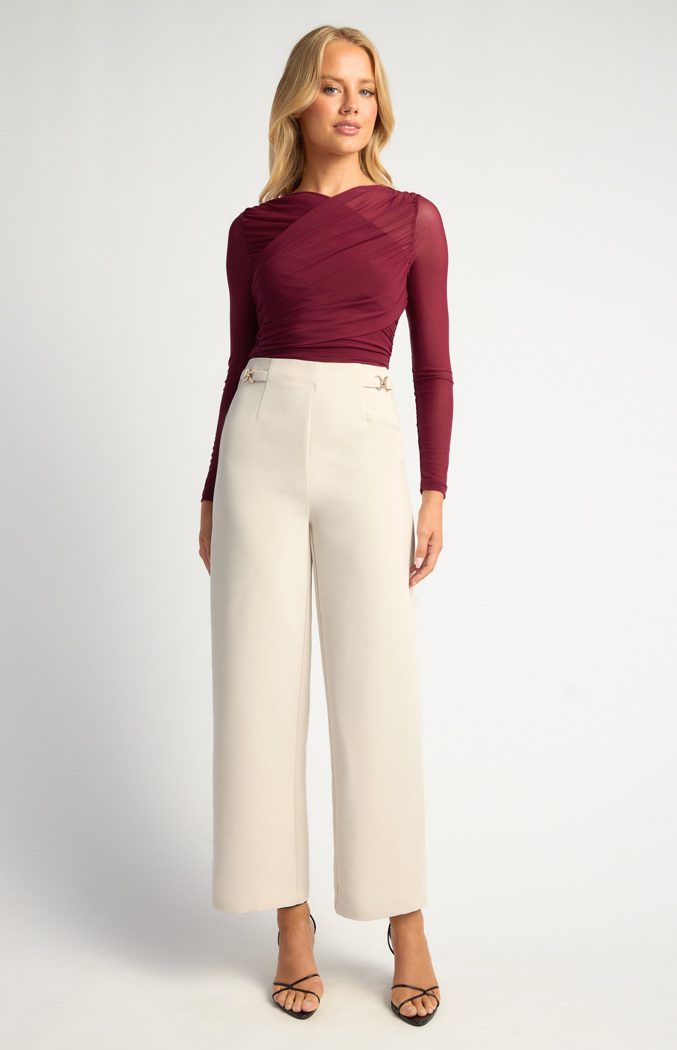 Double Gold Buckle Detail Straight Leg Pants