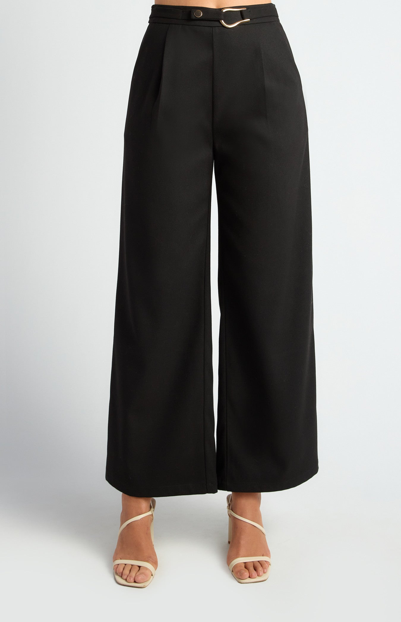 Faux Wool Wide Leg Pants with Gold Buckle