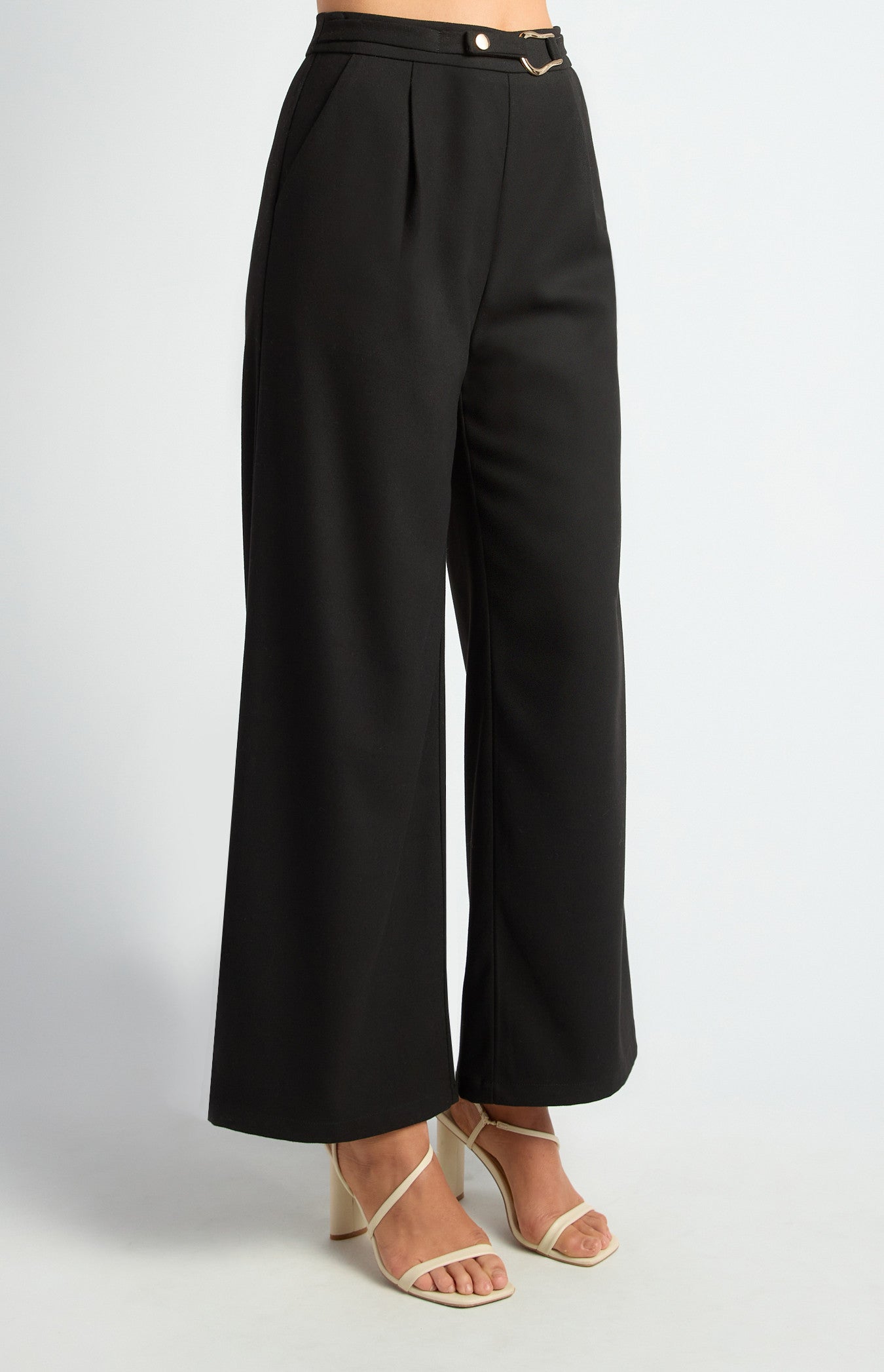 Faux Wool Wide Leg Pants with Gold Buckle