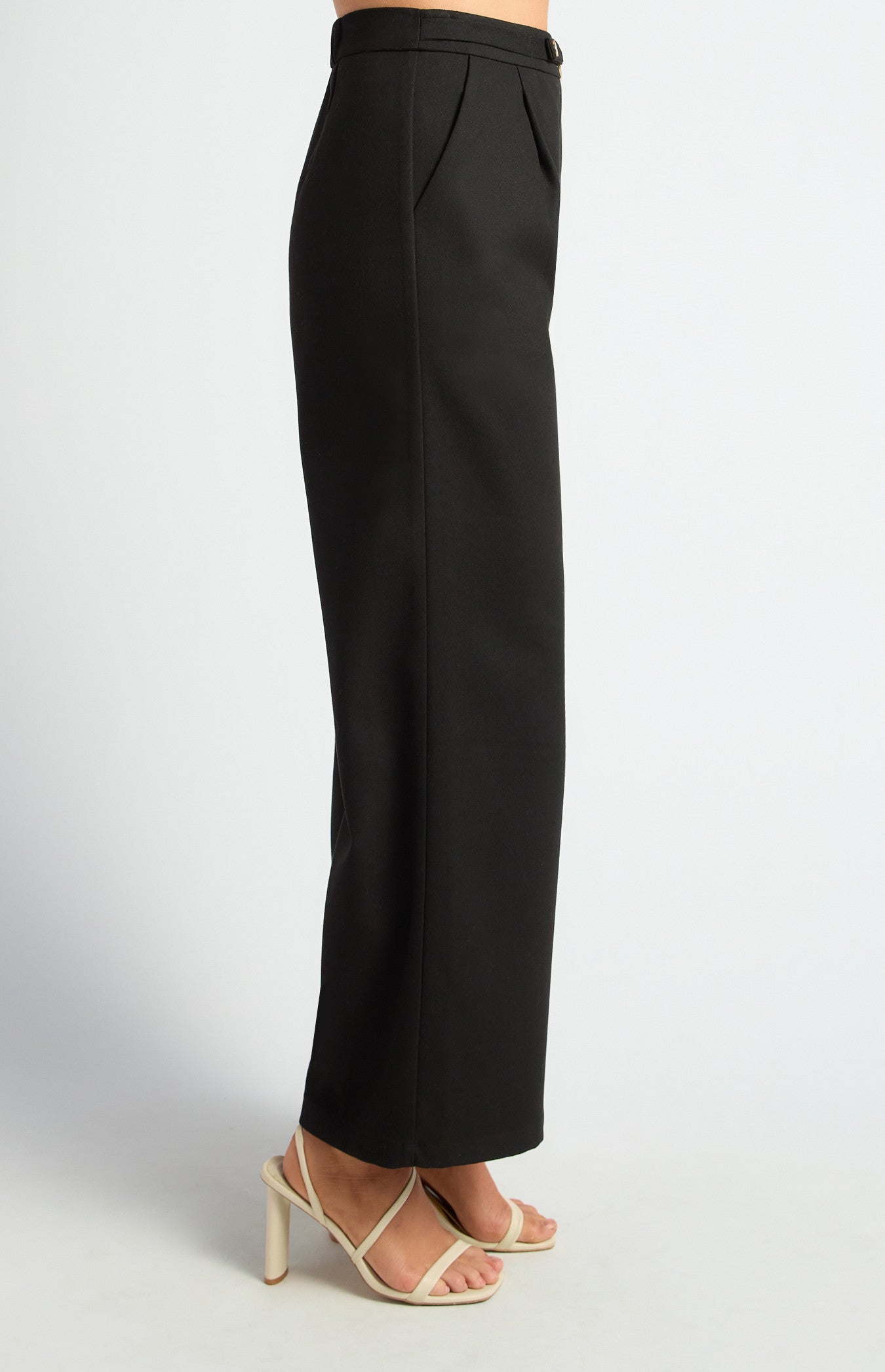 Faux Wool Wide Leg Pants with Gold Buckle