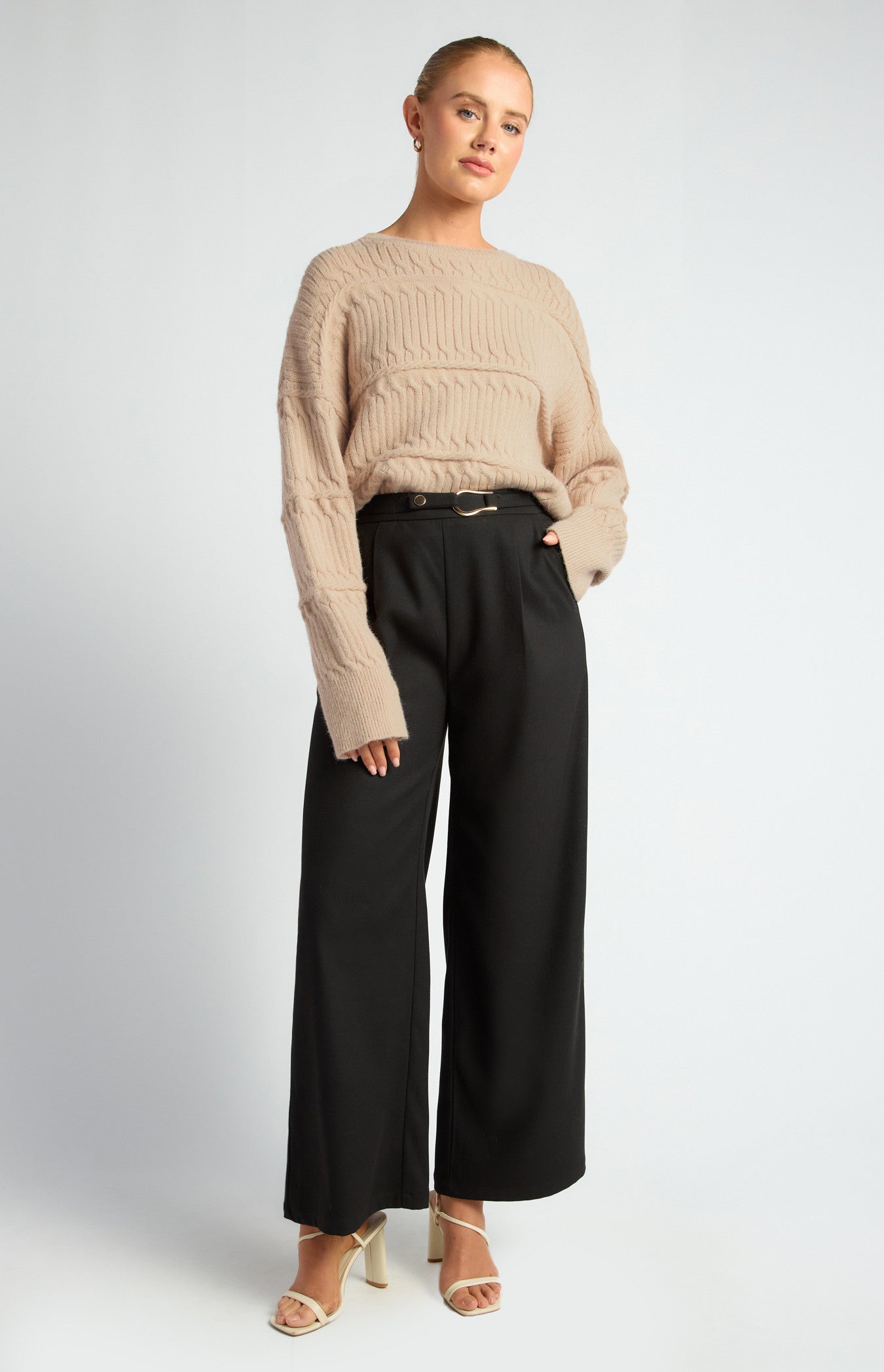 Faux Wool Wide Leg Pants with Gold Buckle