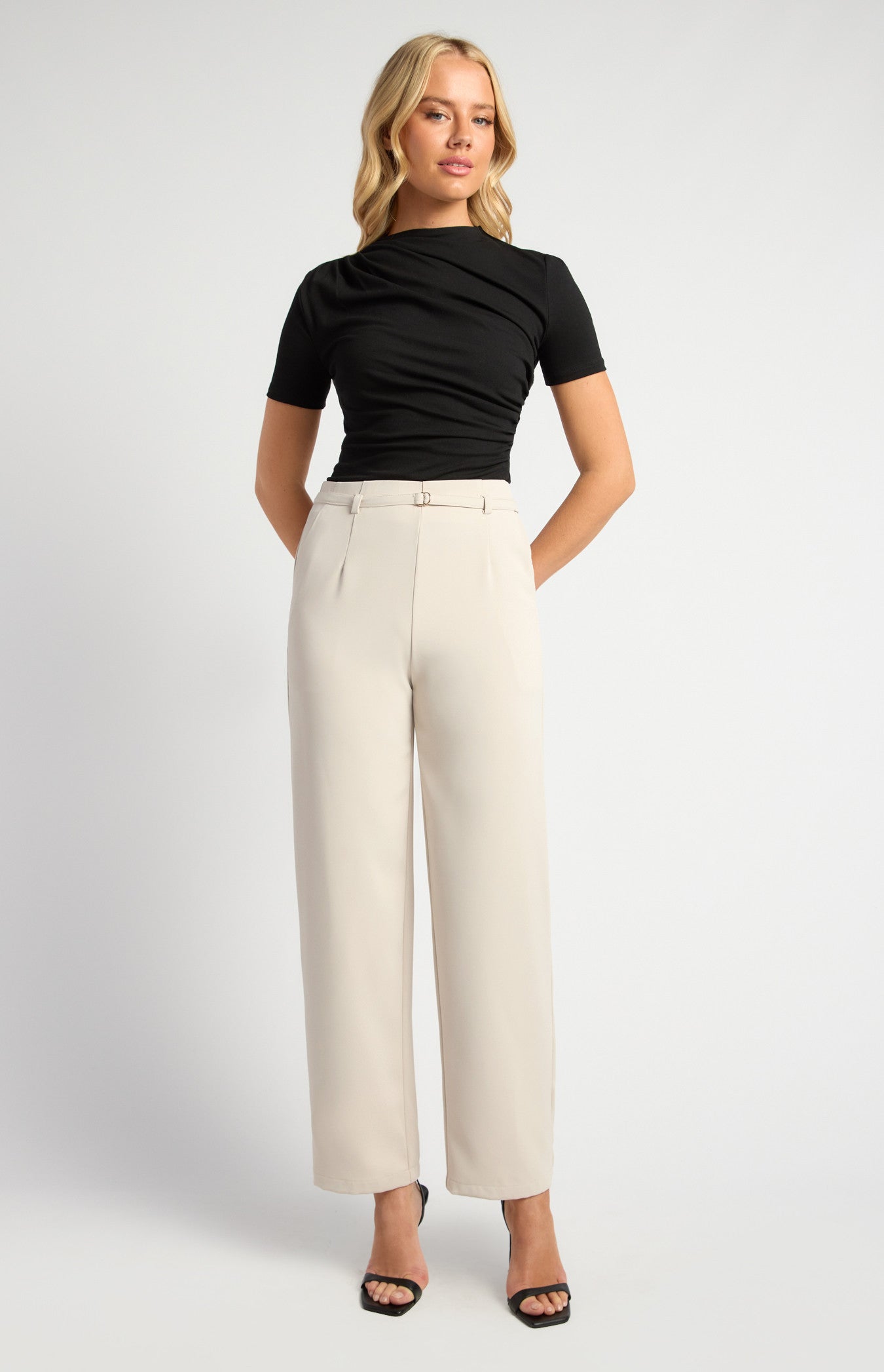 D-Ring Buckle Thin Belt Tapered Pants