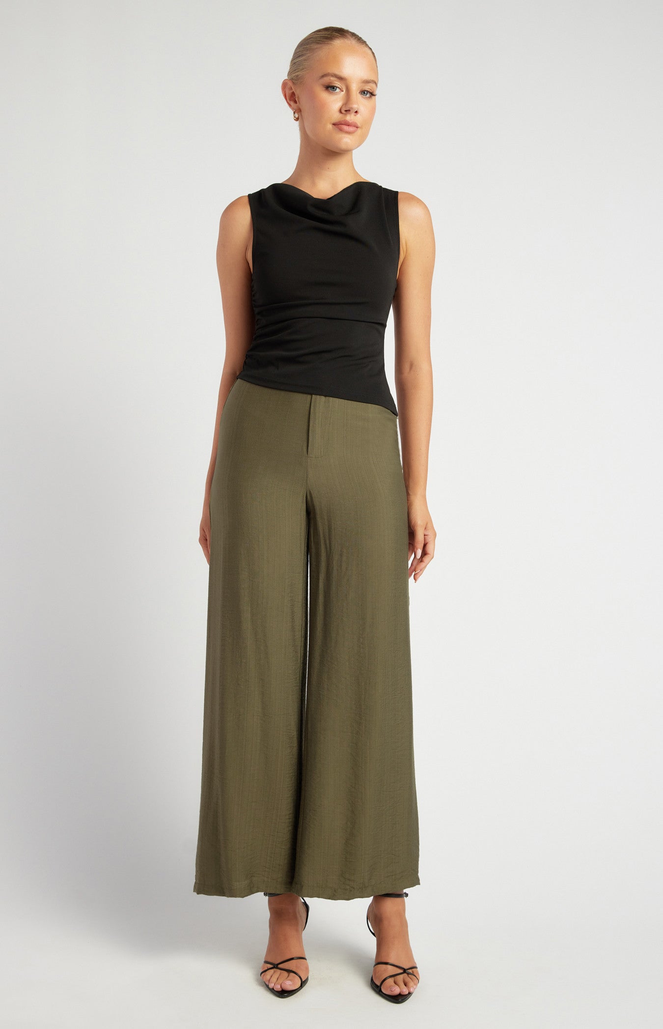 Elastic Back Waist Textured Pants with Marble Button