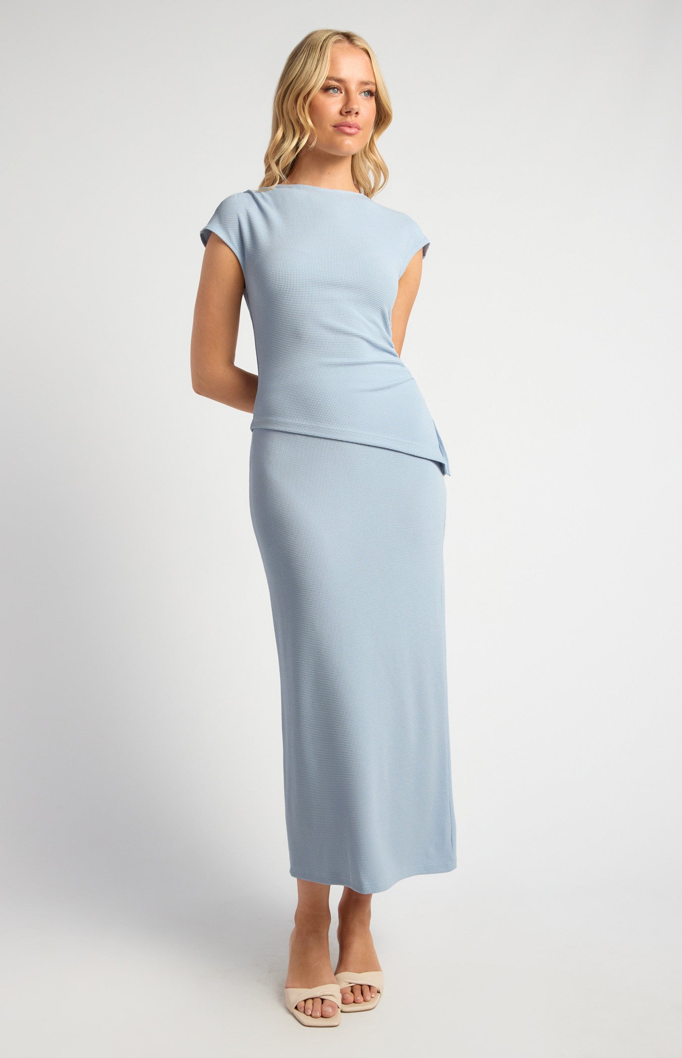 Textured Jersey Cap Sleeves Top and Skirt Set