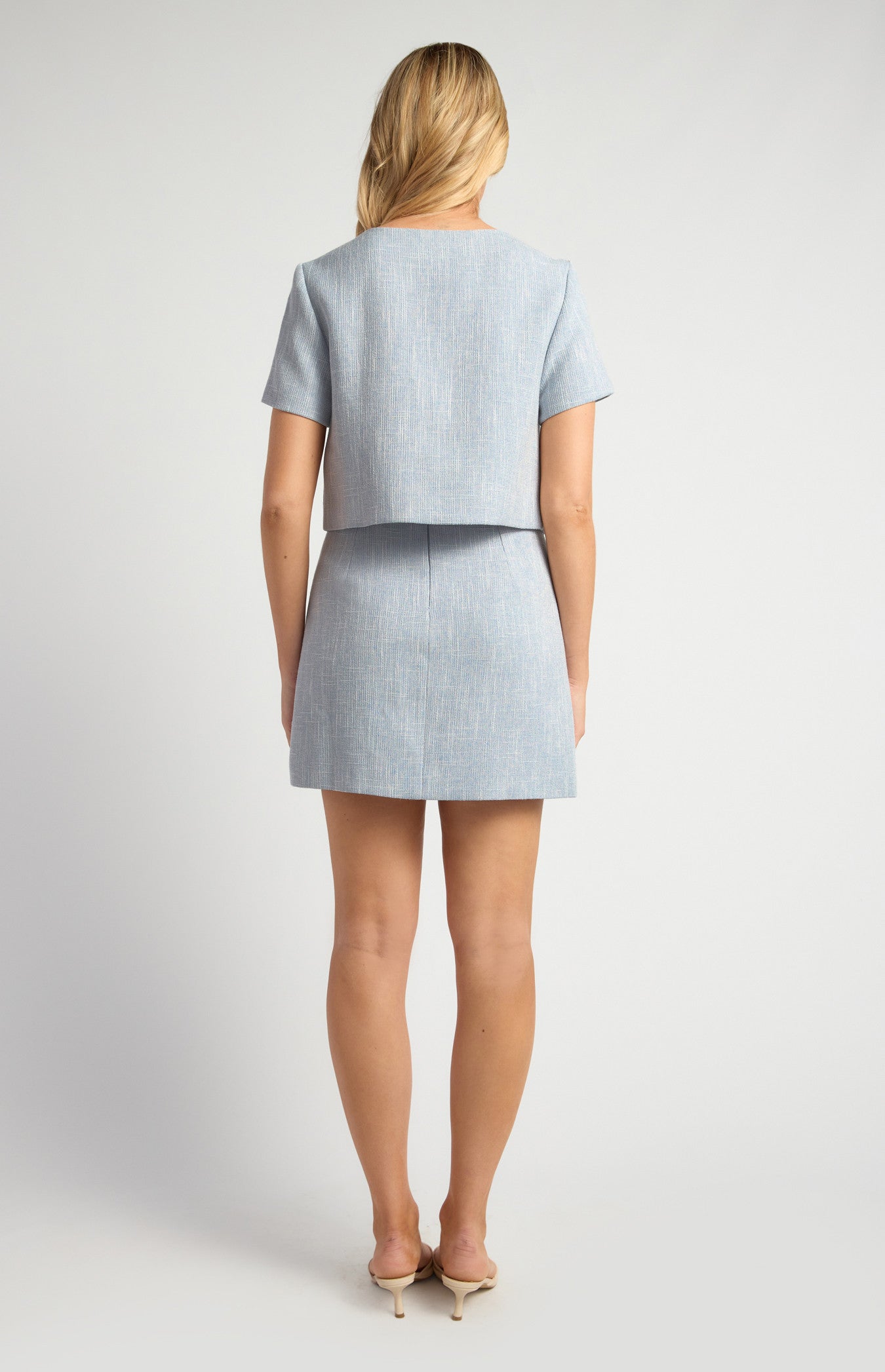 Lightweight Tweed Fabric Top and Skirt Set with Gold Accent Buttons