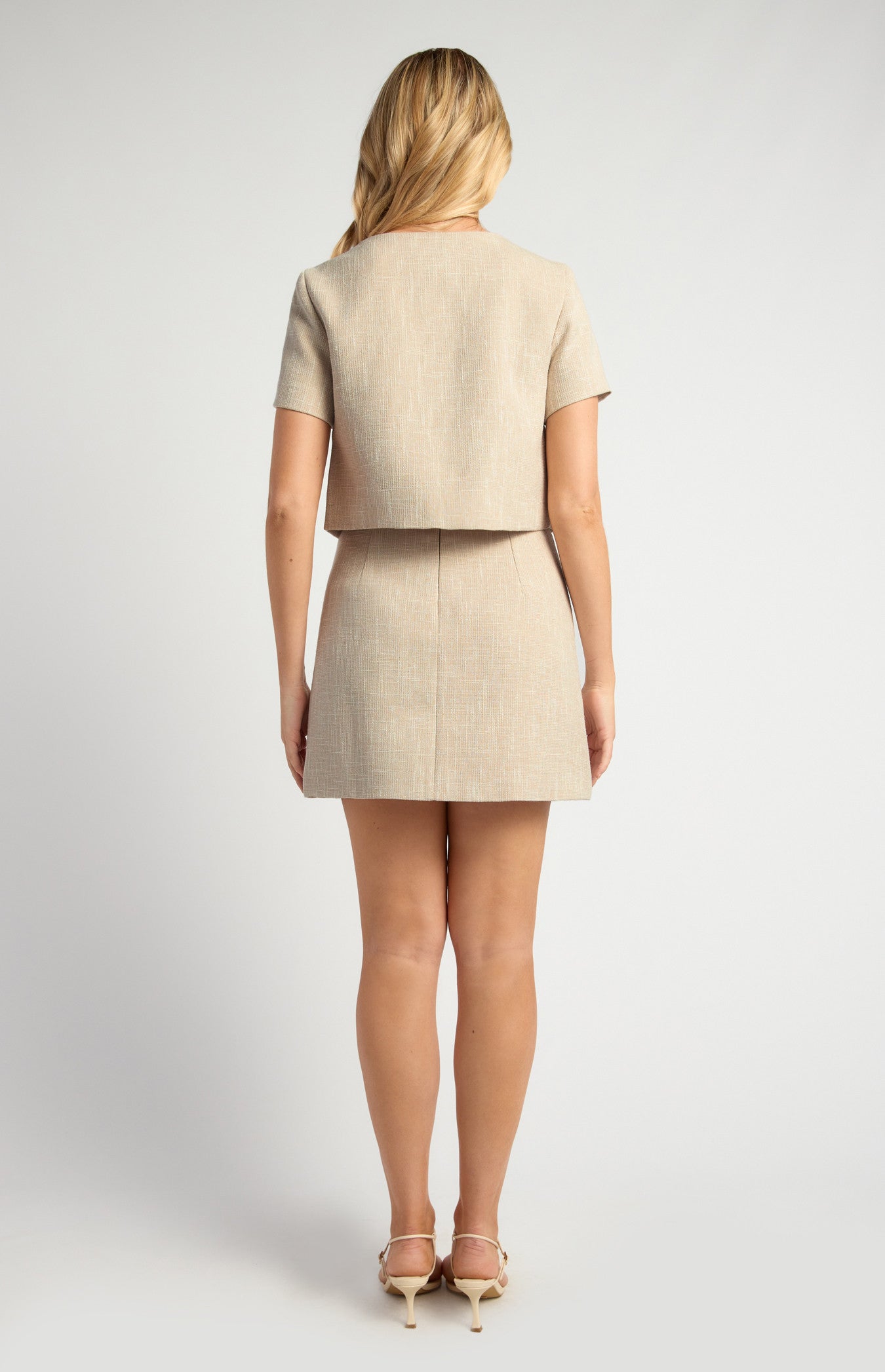 Lightweight Tweed Fabric Top and Skirt Set with Gold Accent Buttons