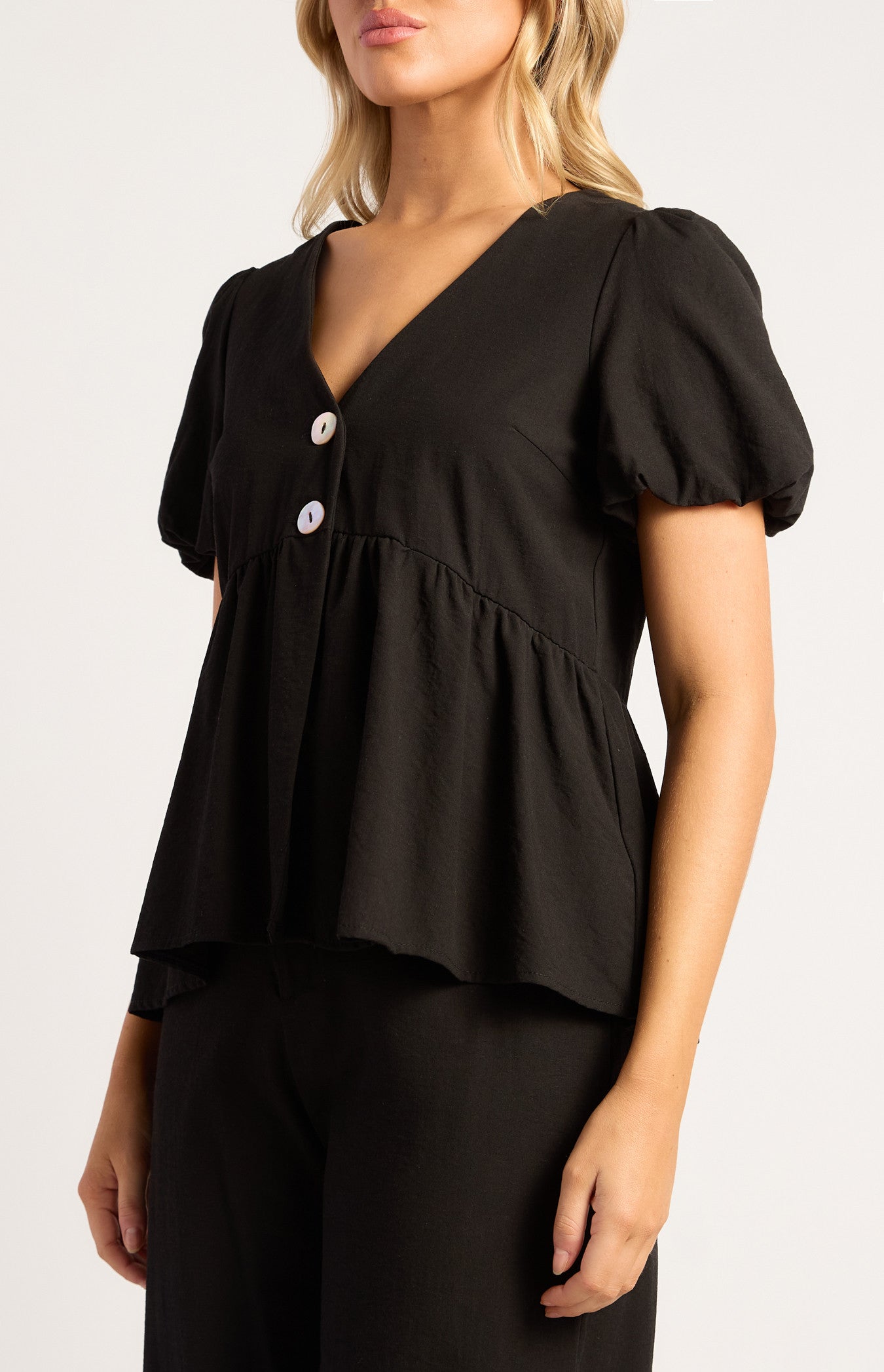 Bubble Sleeve Top And Pants Set With Oversized Button