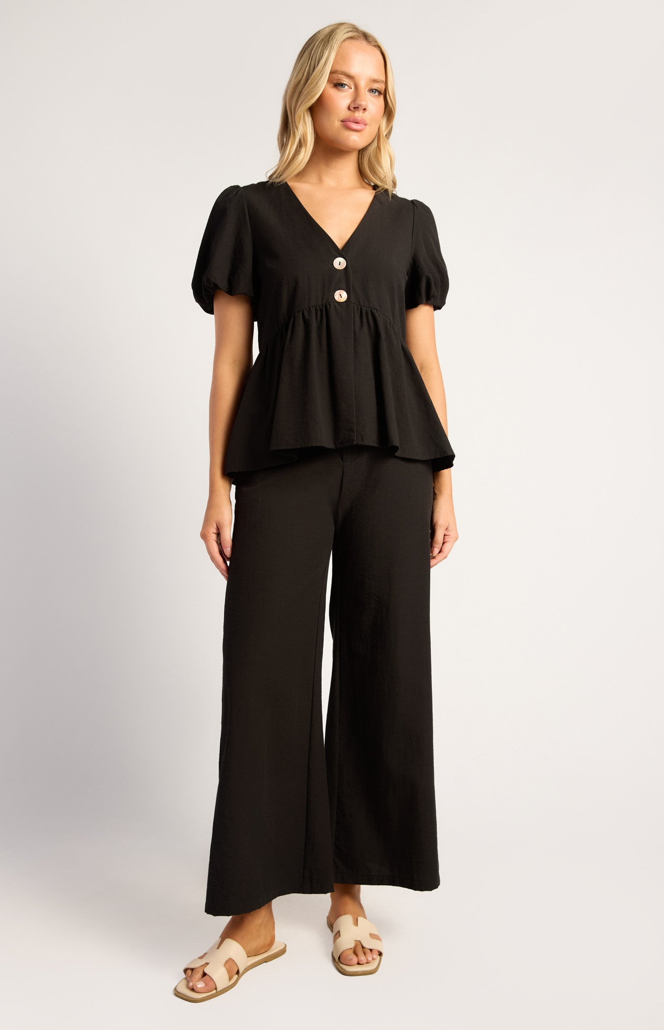 Bubble Sleeve Top And Pants Set With Oversized Button