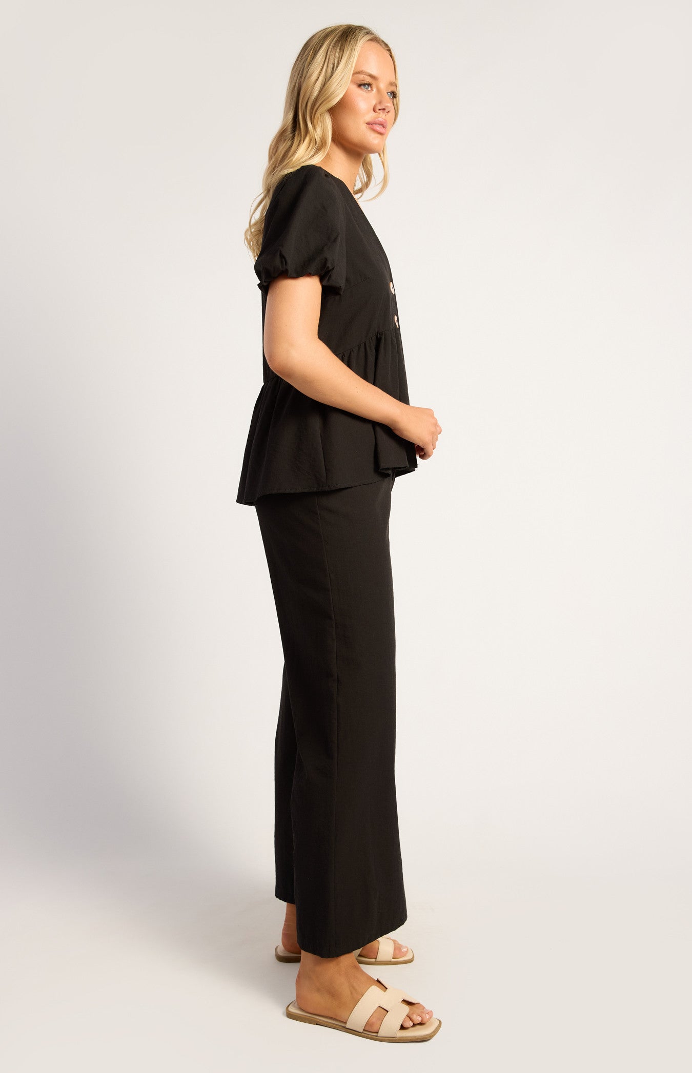 Bubble Sleeve Top And Pants Set With Oversized Button