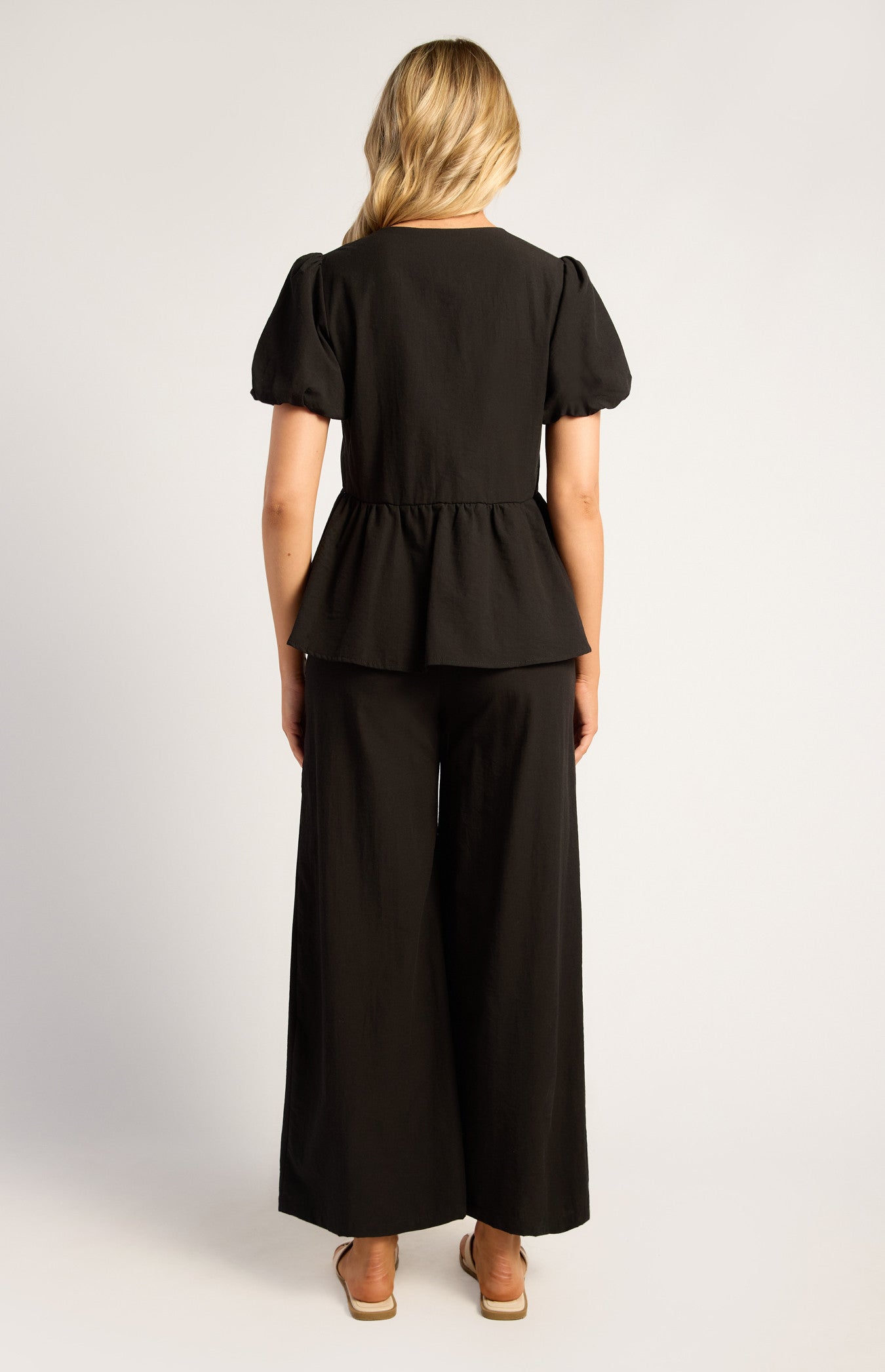 Bubble Sleeve Top And Pants Set With Oversized Button