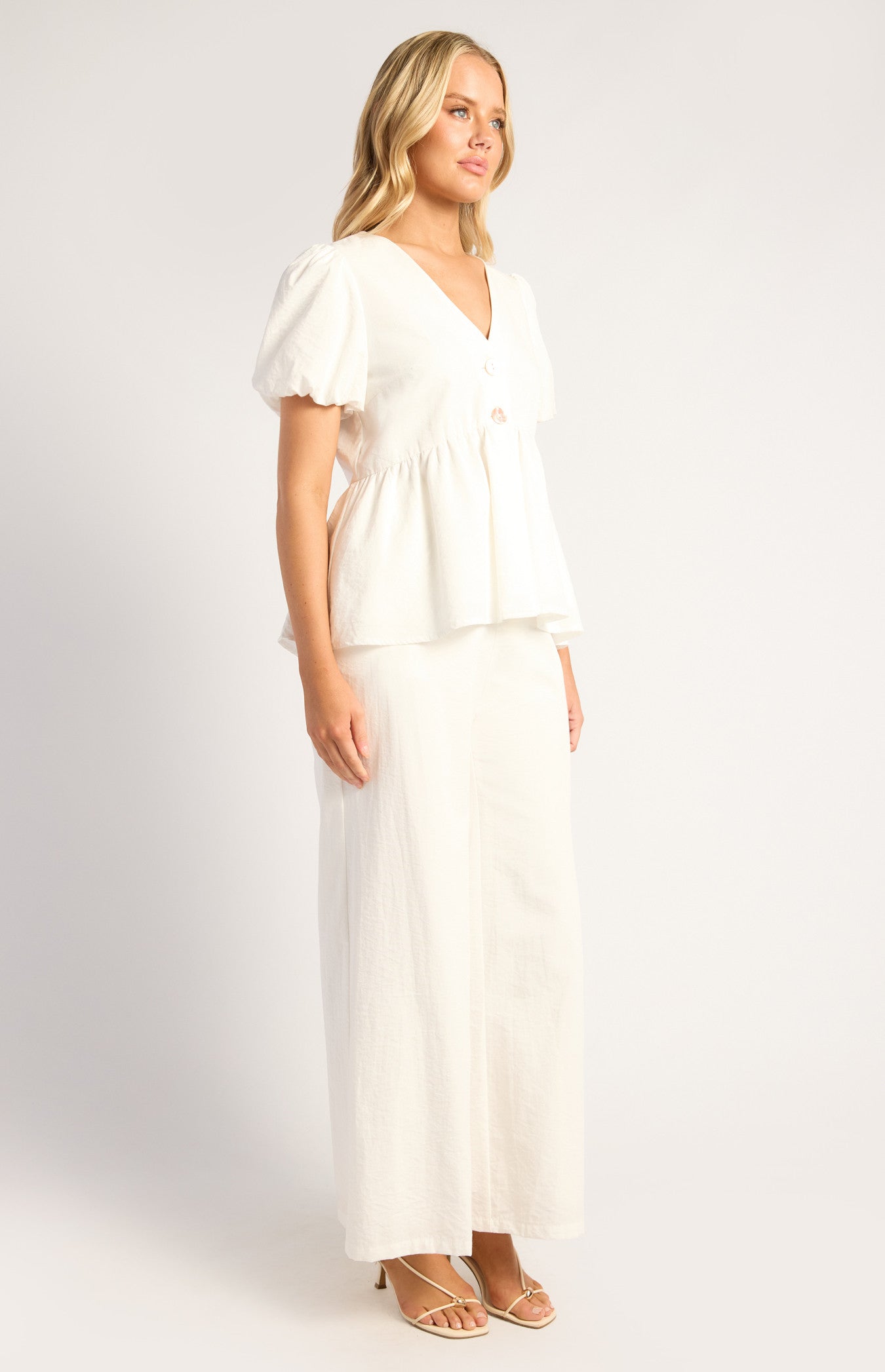 Bubble Sleeve Top And Pants Set With Oversized Button