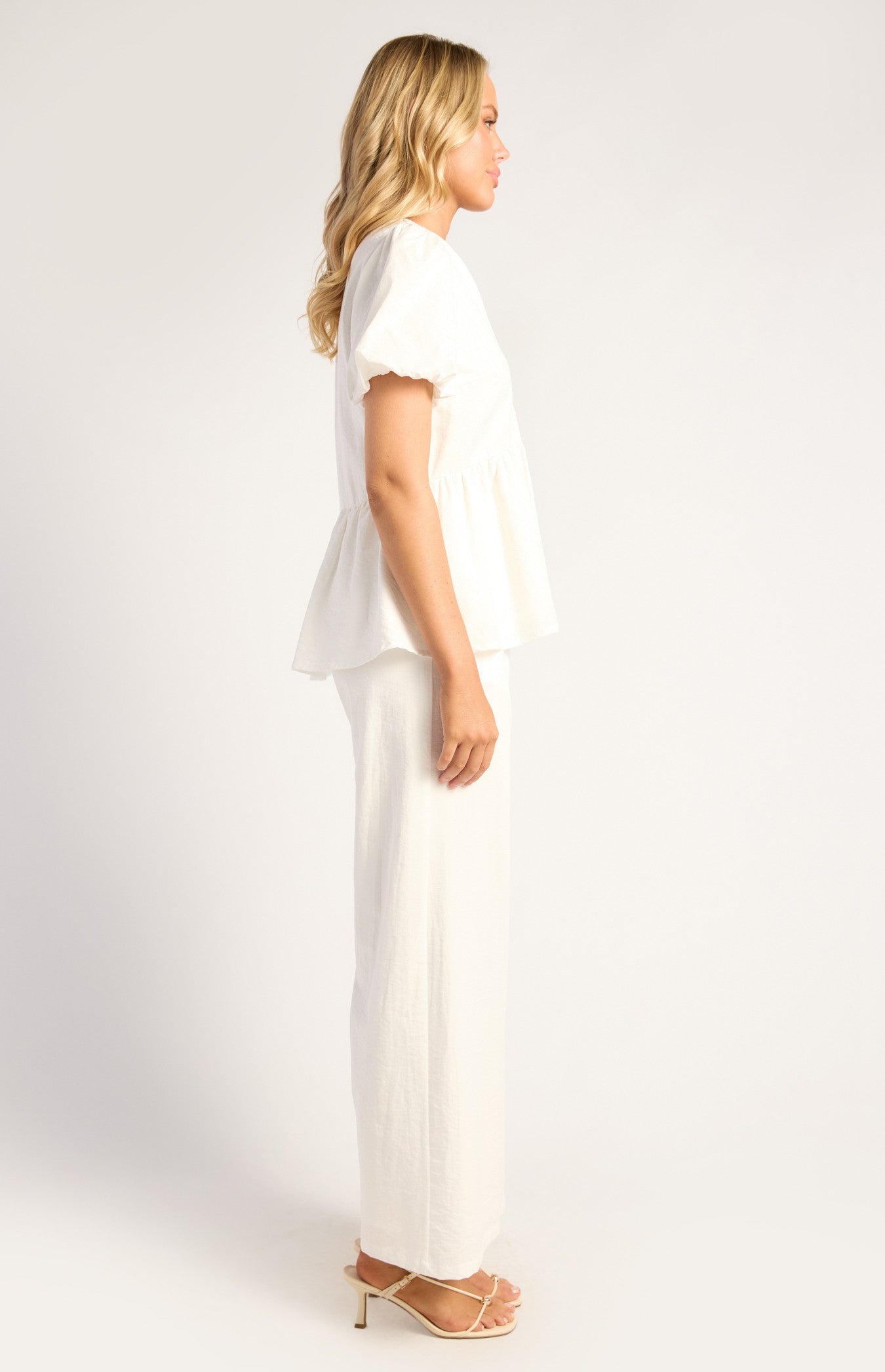 Bubble Sleeve Top And Pants Set With Oversized Button